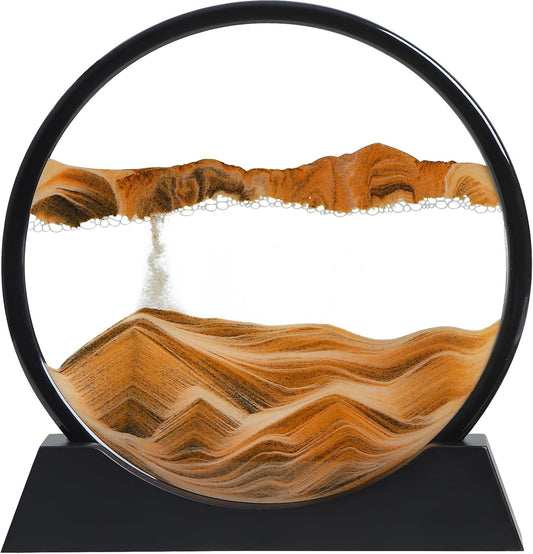 KPNUWN Moving Sand Art Liquid Motion, 3D Deep Sea Sandscape Color Quicksand Decor, Round Glass Moving Sand Art Picture Relaxing Desktop Home Office Work Decor (12 inch-Orange)