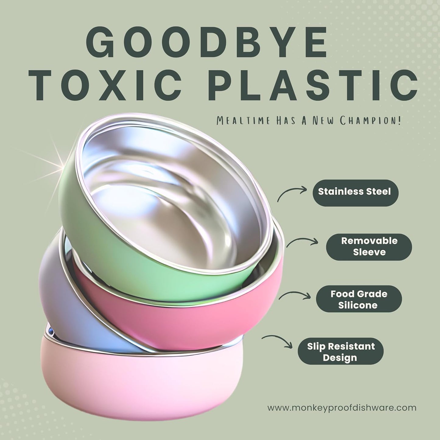 Monkey Proof™ Non-Toxic Stainless Steel Child Bowl 5” with Non-Slip Silicone Shell, (Set of 4 bowls) Unbreakable, Mess Free Feeding for Babies, Toddlers, Kids, BPA free (Garden Party)