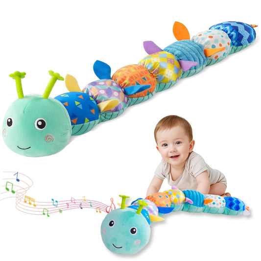 Baby Sensory Toys 0-12 Months, Plush Toys with Music and Rattle, Suitable for Newborn Baby Tummy time, can be Used as a Newborn Birthday, Holiday, Baptism Gift (Blue Caterpillar)