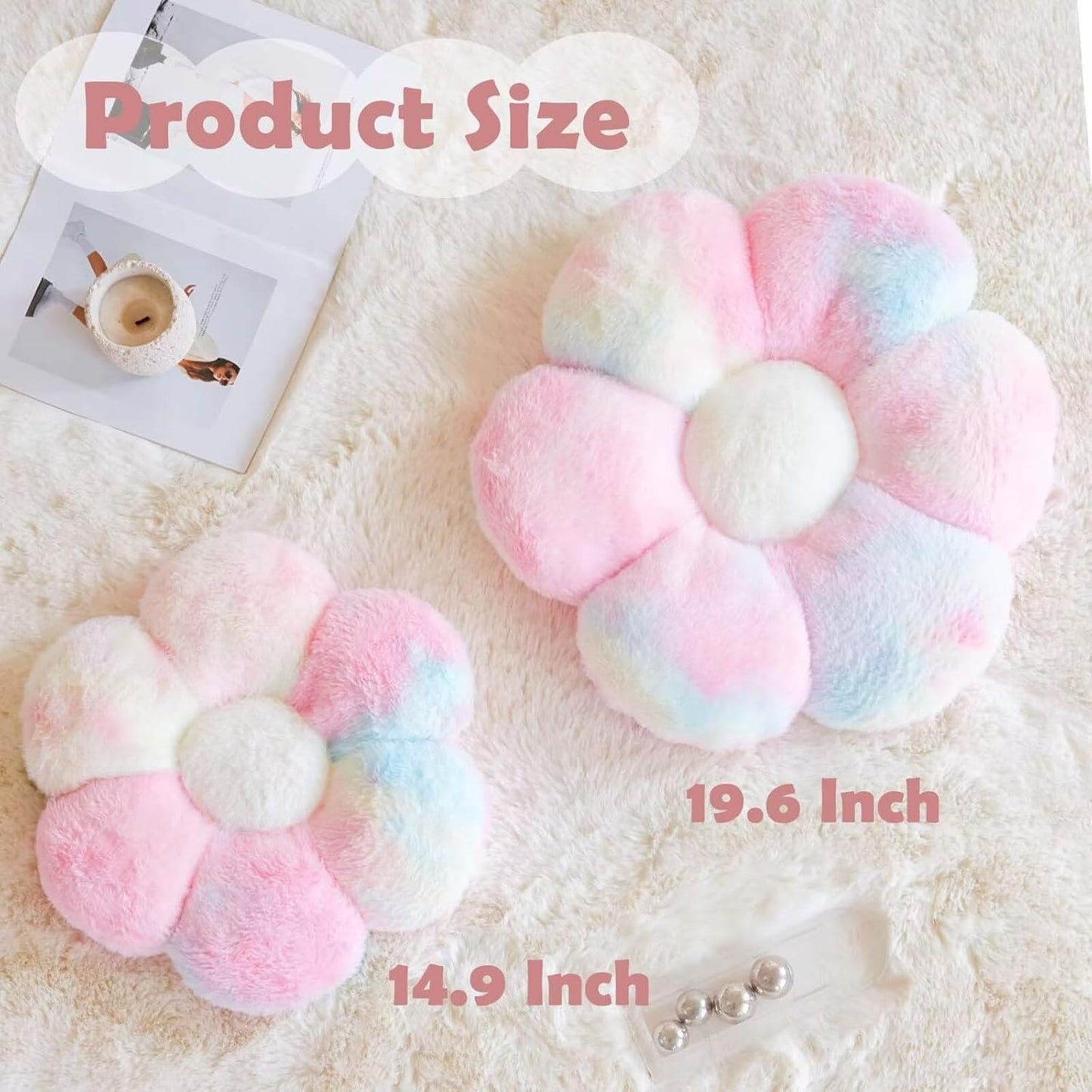 Rainbow Pink Flower Pillow, Cute Decorative Flower Shaped Throw Pillow with Faux Rabbit Fur, 19.6" Soft Flower Plush Throw Pillow Floor Pillows Room Décor for Bedroom Living Room