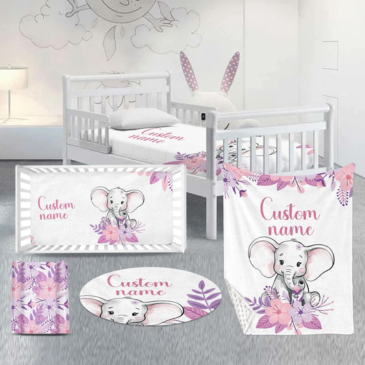 Custom Nursery Crib Bedding Set: Personalized Name 4 Piece Purple Flower Elephant Design Baby Crib Sets for Girls - Toddler Double Layer Blanket Set, Comfortable Crib Bed Sheets for Baby Toddlers