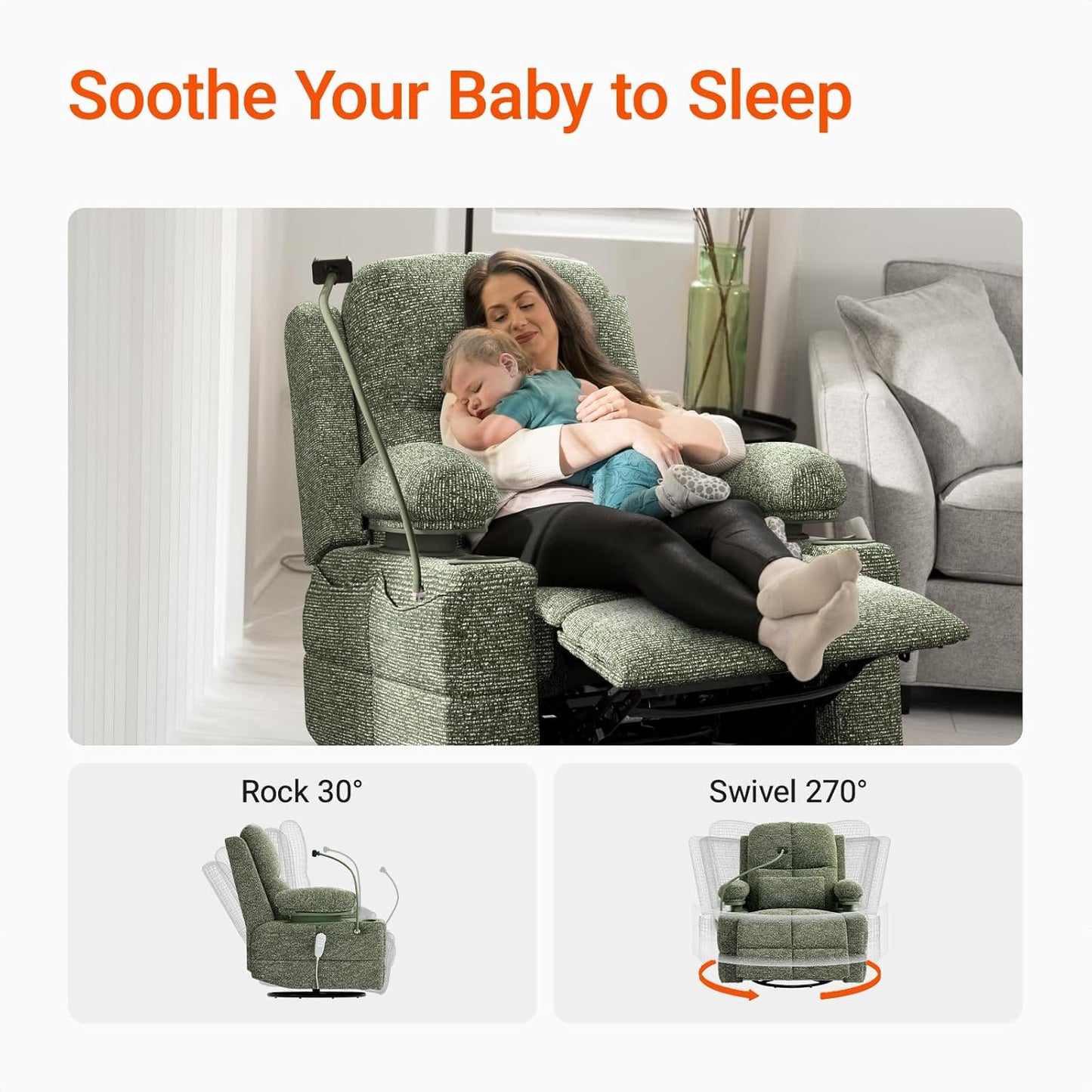 Rocking Chair Nursery with Adjustable Armrests, Electric Glider Recliner Nursing Chair for Breastfeeding, Power Swivel Recliner Chairs with USB Port and Storage, FSC Certified (Moss, Fabric)