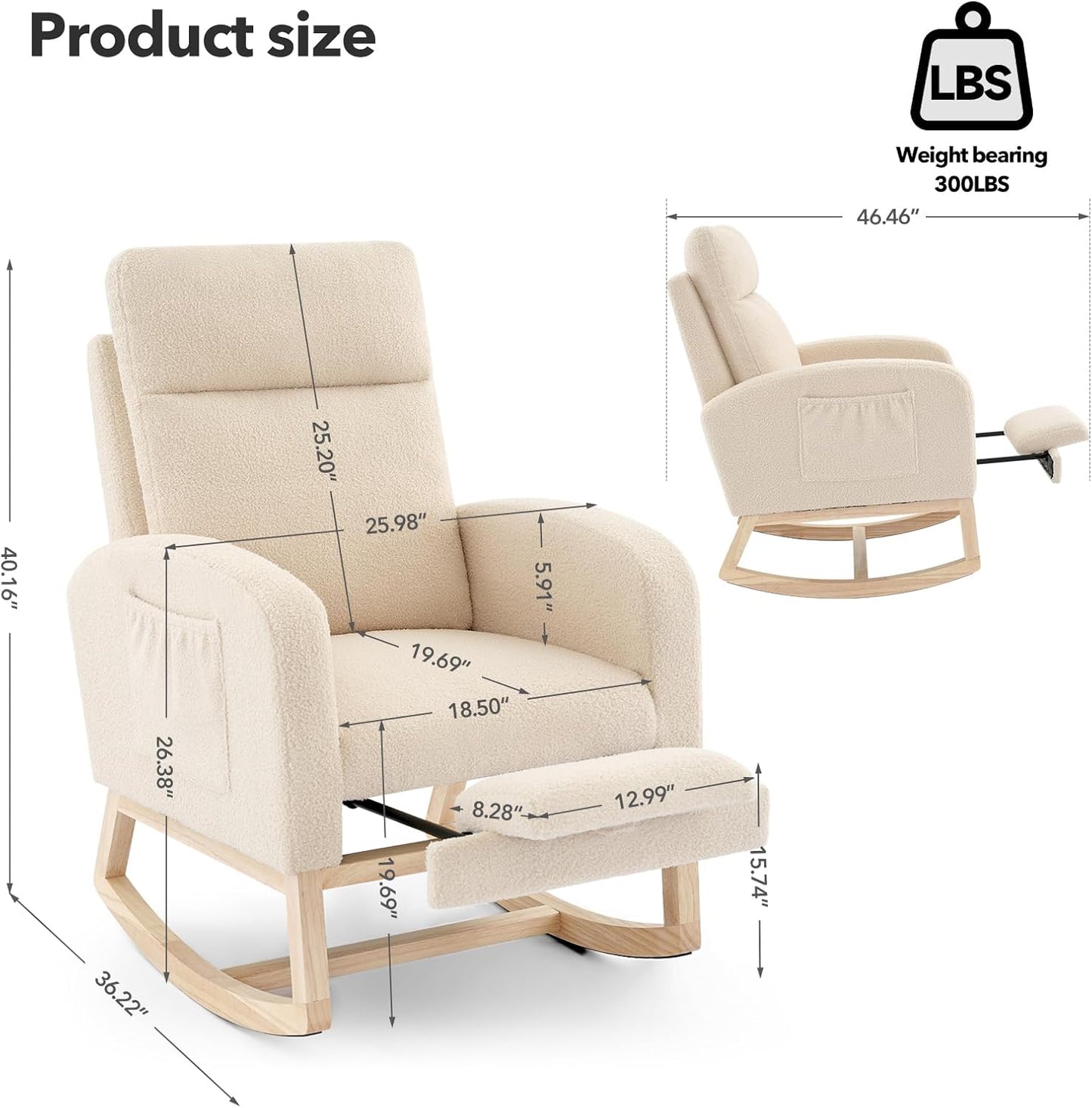 Rocking Chair Nursery, Nursing Rocking Chairs with Foot Rest for Mom Nursery, Rocker Glider Chair with High Backrest for Living Room, Bedroom, Upholstered Lounge Chair with Solid Wood Base for Relaxin