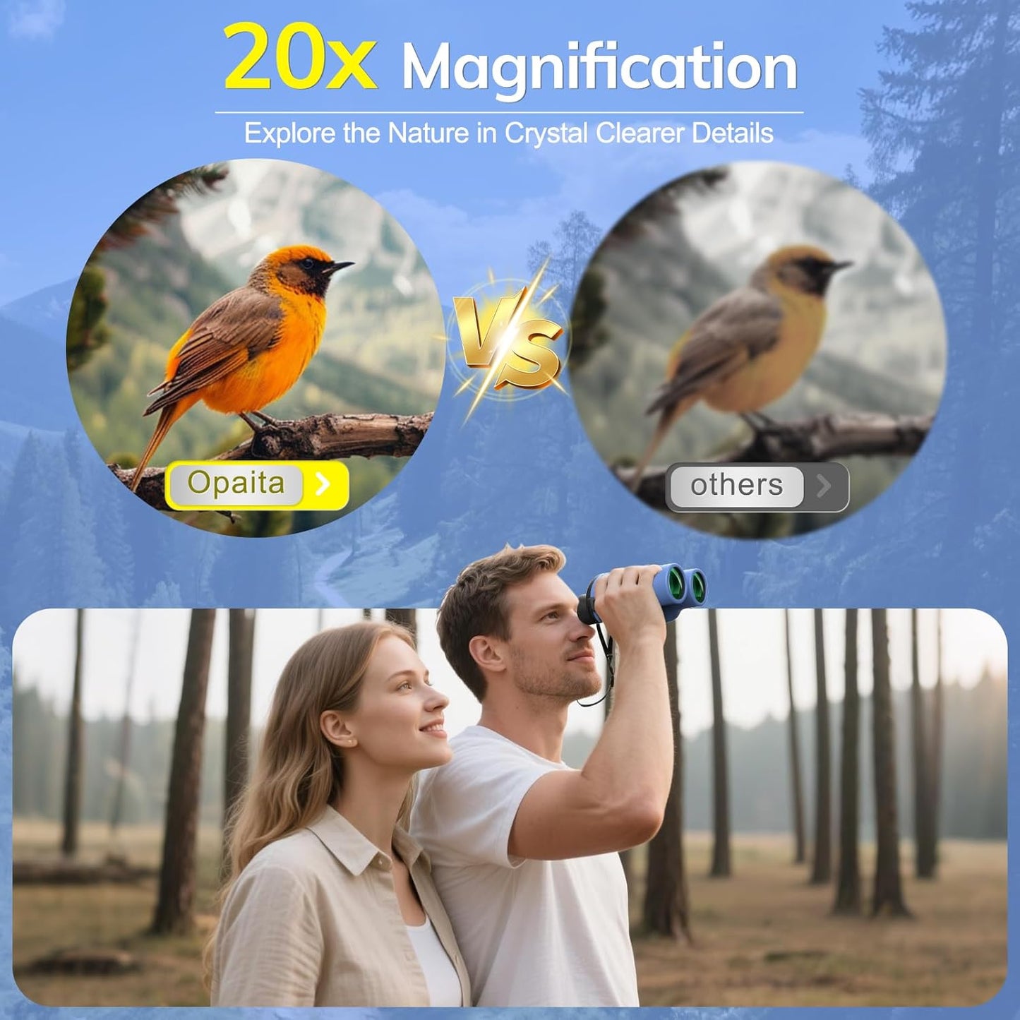 Compact Binoculars for Adults High Powered - OPAITA 20x32 Small Binoculars for Adults Kids with Low Light Vision for Hunting Cruise Ship Travel Concert Hiking Blue