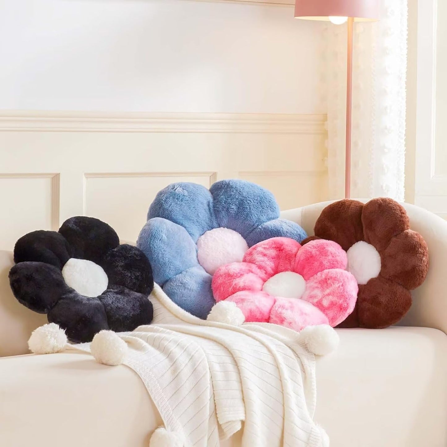 Black Flower Shaped Throw Pillow with Faux Rabbit Fur, 14.9" Soft Plush Throw Pillow for Bedroom & Living Room