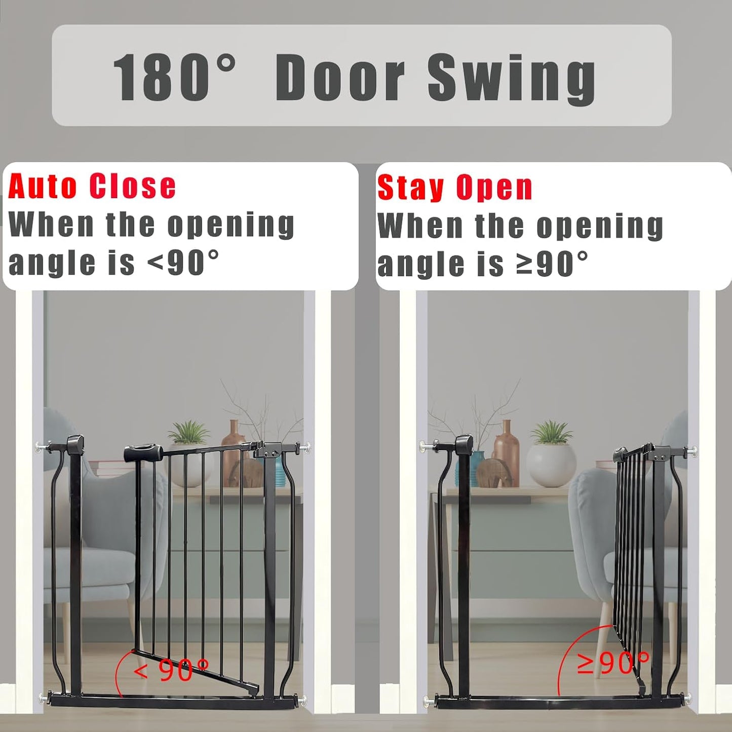 Heavy Duty Baby & Pet Safety Gate - Extra Wide 76.4-81.1 Inch, Black Metal, Pressure Mounted, Walk-Through