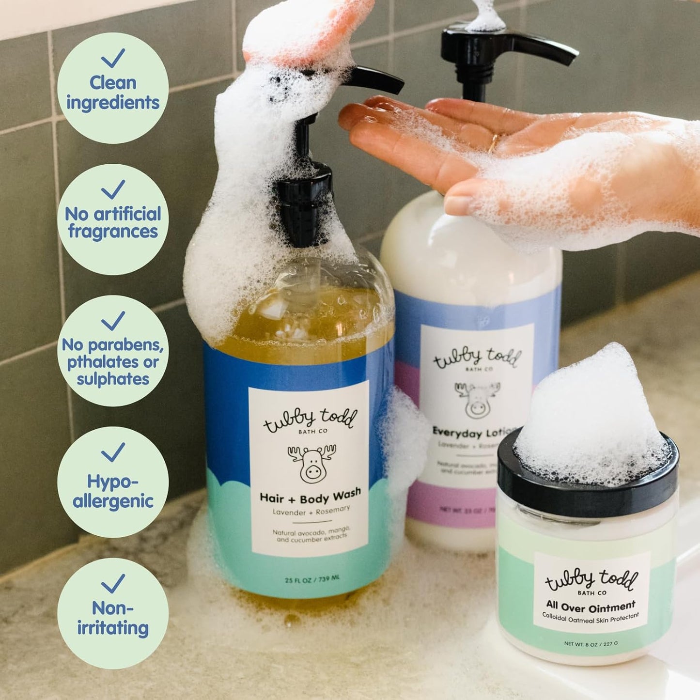 TUBBY TODD 3-Step Baby Bath & Skincare Routine - The Regulars Bundle - 8.5oz Baby Shampoo and Body Wash, 8.5oz Everyday Lotion & 3.5oz All Over Ointment - Lavender Rosemary