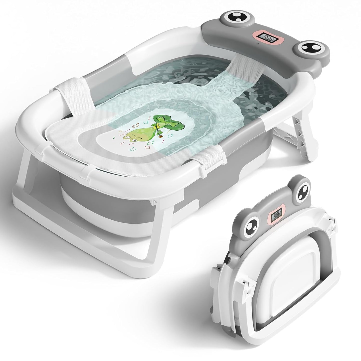 Baby Bathtub, Collapsible Newborn Bathtub for Infant to Toddler 0-24 Months with Soft Cushion and Thermometer,Portable Travel Newborn Tub with No-Slip Feet, Baby Shower Gifts,Grey
