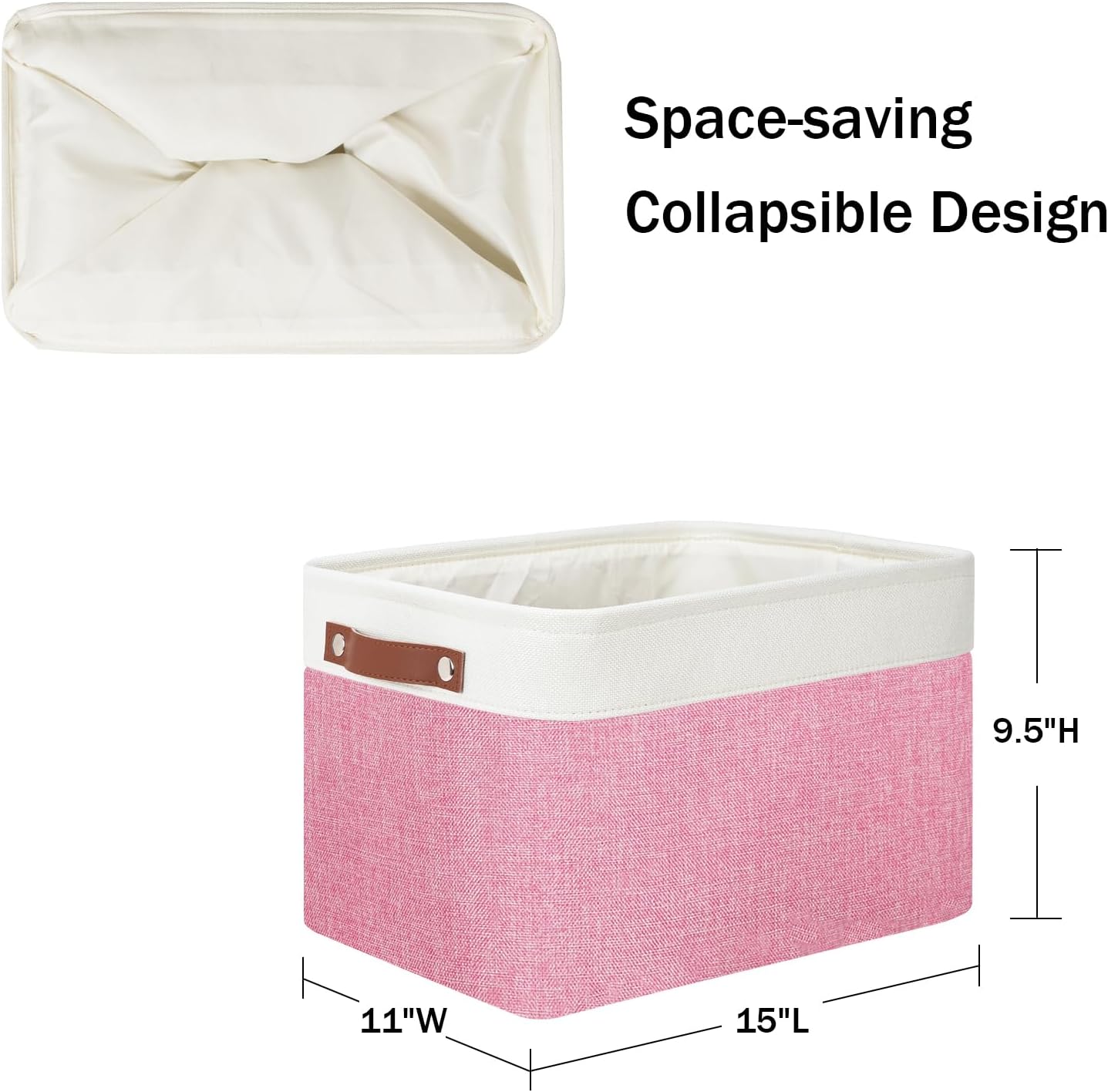 DULLEMELO Storage Baskets for Organizing, Shelves,Bedroom, Decorative Storage Bins with Faux Leather Handles, Fabric Storage Basket for Office, Toys(3-Pack, White&Pink)