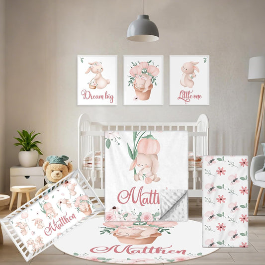Custom Baby Crib Bedding Set - 5 Pcs Personalized Name Baby Crib Set with Double Layer Blanket - Soft Tulip Bunny Nursery Bedding Set for Girls Boys - Customized Gifts for Infants Toddlers