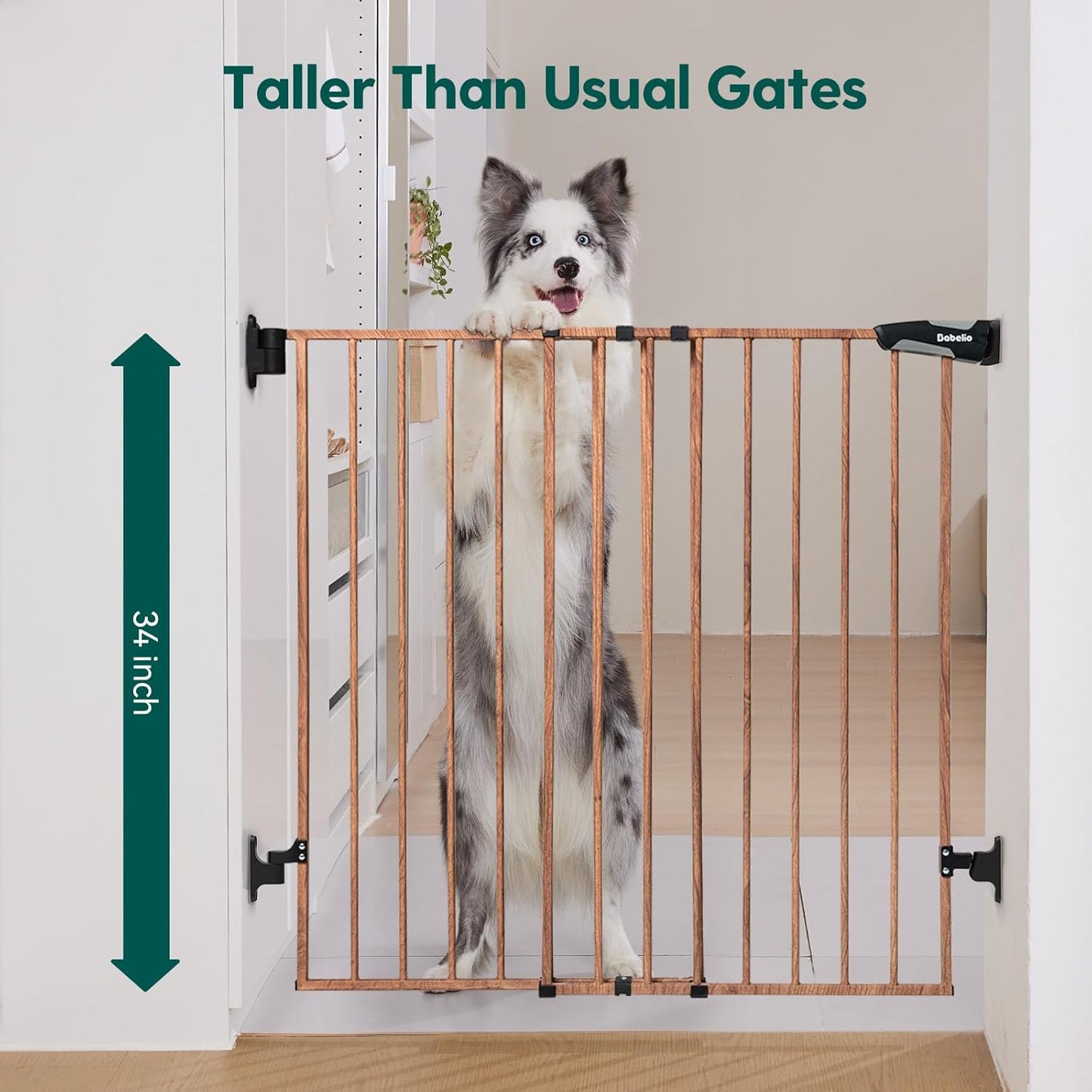Babelio 34" Extra Tall Baby/Dog Gate with No Threshold Design Walk Thru Door, 26-43" Auto Close Safety Gate for Babies, Elders and Pets, Fits Doorways, Stairs, and Entryways, Brown Wood Pattern