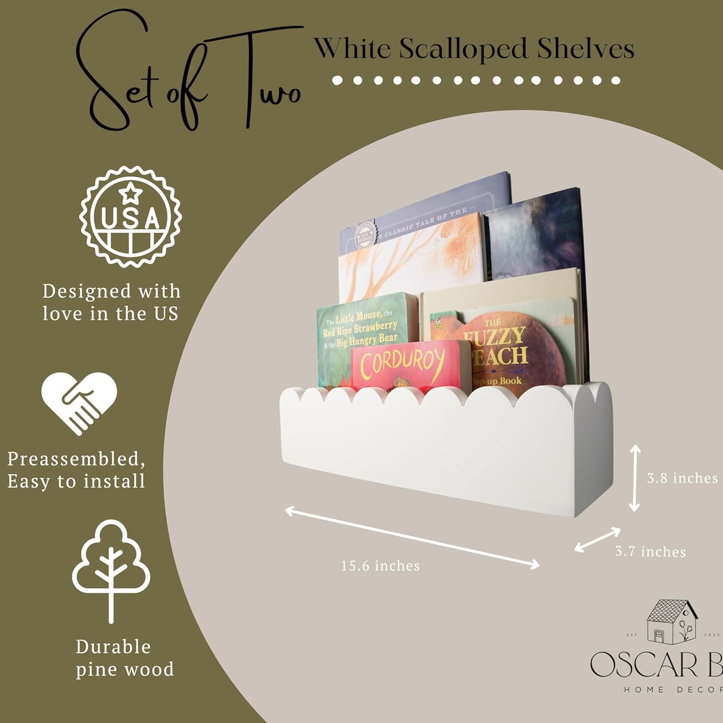 White Floating Cloud Shelves – Set of 2 Scalloped Wooden White Floating Cloud Shelves for Wall, Pre-Assembled Nursery Bookshelves for Baby, Toddler & Kids Room, Montessori Wall Shelf Display