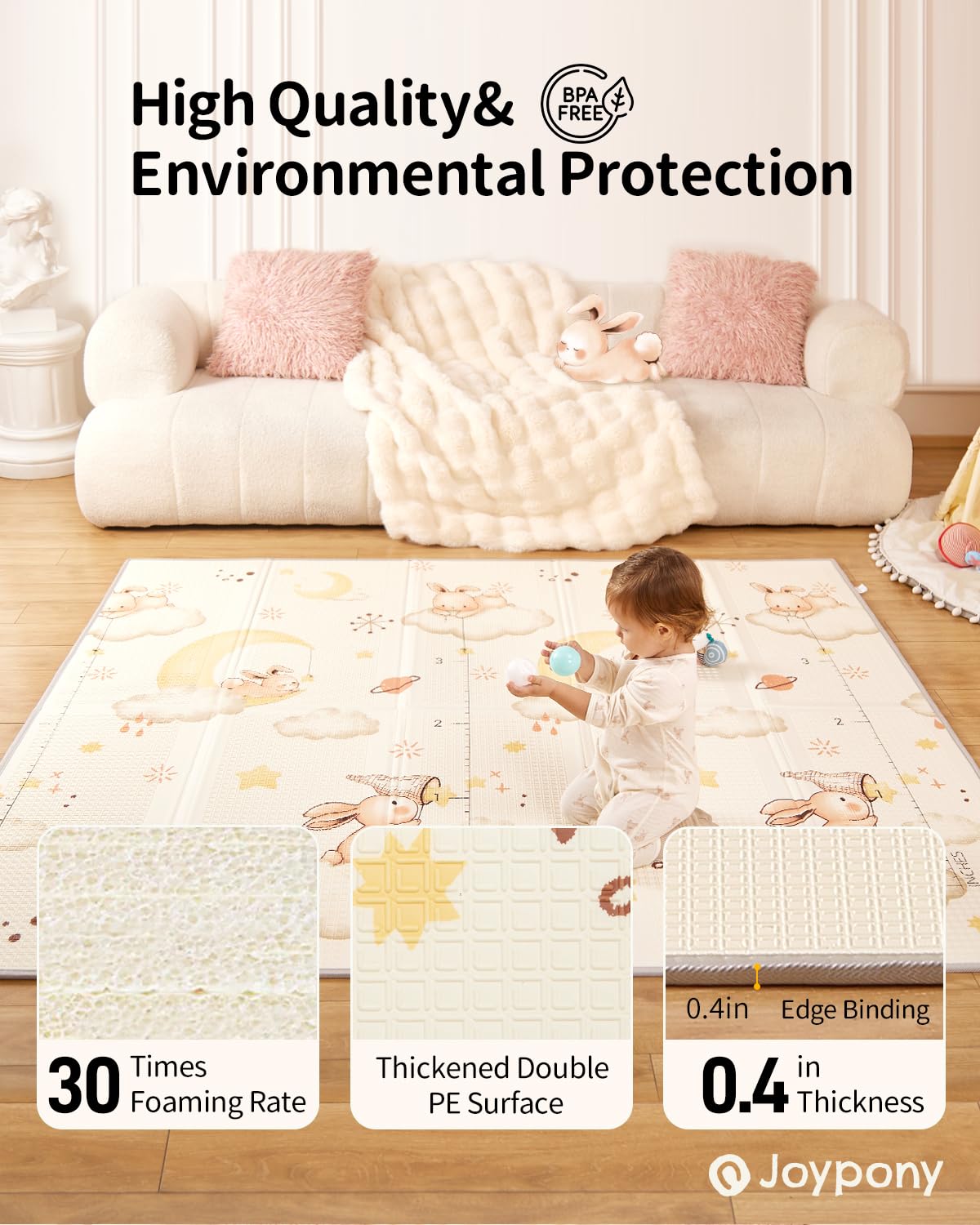 Baby Play Mat, 47 x 47 Inch Foldable Play Mats for Babies and Toddlers, Waterproof & Anti-Slip Portable Baby Floor Mat for Baby Playpen, Baby Mat for Floor with Travel Bag