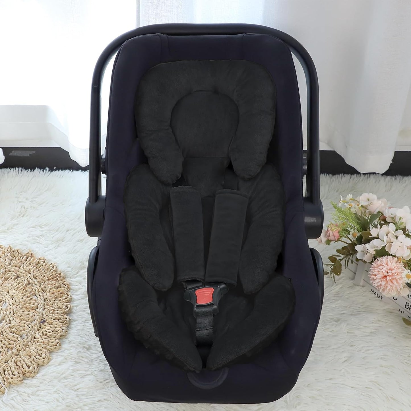 Infant Car Seat Insert Head and Body Support, GFU Reversible Newborn Insert for Carseat with Strap Pads, Soft Stroller Cushion Pillow Insert for Boys and Girls, Fits for Stroller, Swing, Black