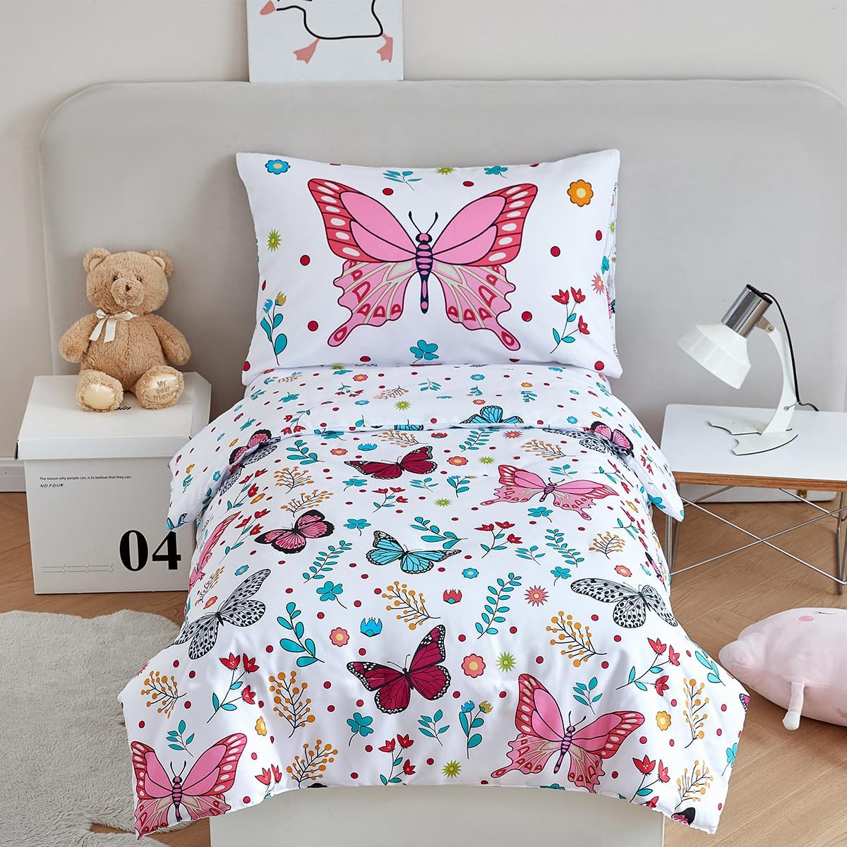 PERFEMET 4-Piece Girls Butterfly Bedding in Pink Floral - Reversible Colorful Flower Toddler Bed Comforter Set for All Season (White, Butterfly)
