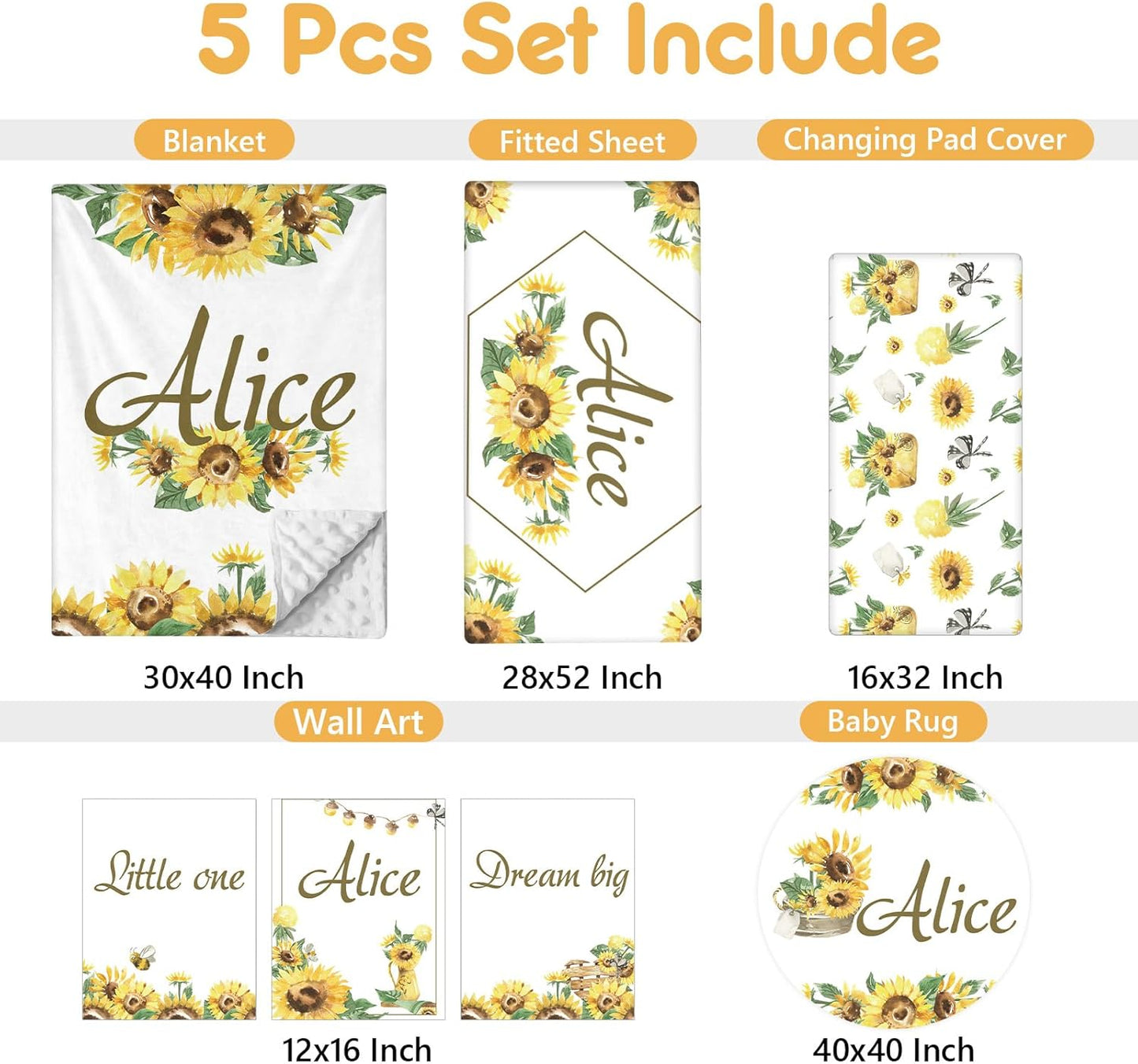 Personalized Baby Bedding Set - 5 Pcs Custom Infants Bedding Set with Infant Name - Double Layer Nursery Crib Set for Girls Boys - Customized Gifts for Toddler Baby Shower - Yellow Sunflower