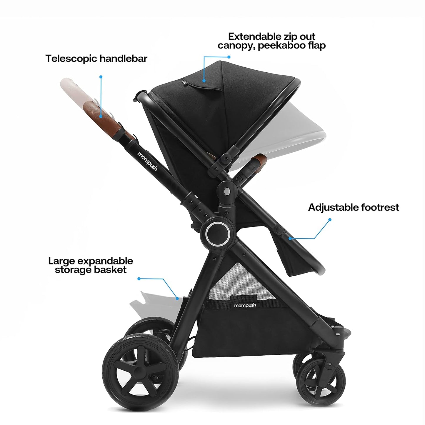 Mompush Ultimate 2 Baby Stroller for Infant and Toddler with Newborn Mode and Reversible Seat, All-Terrain Stroller with All-Wheel Suspension, Includes Car Seat Adapter and Large Storage Basket