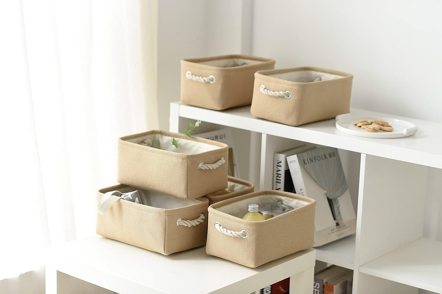 Organization and Storage Basket for Gifts Empty - 12x8x5.2 inch Small 6 Pack Collapsible Storage Box for Organizing, Fabric Storage Cubes for Cloth Books Laundry Canvas(Beige)