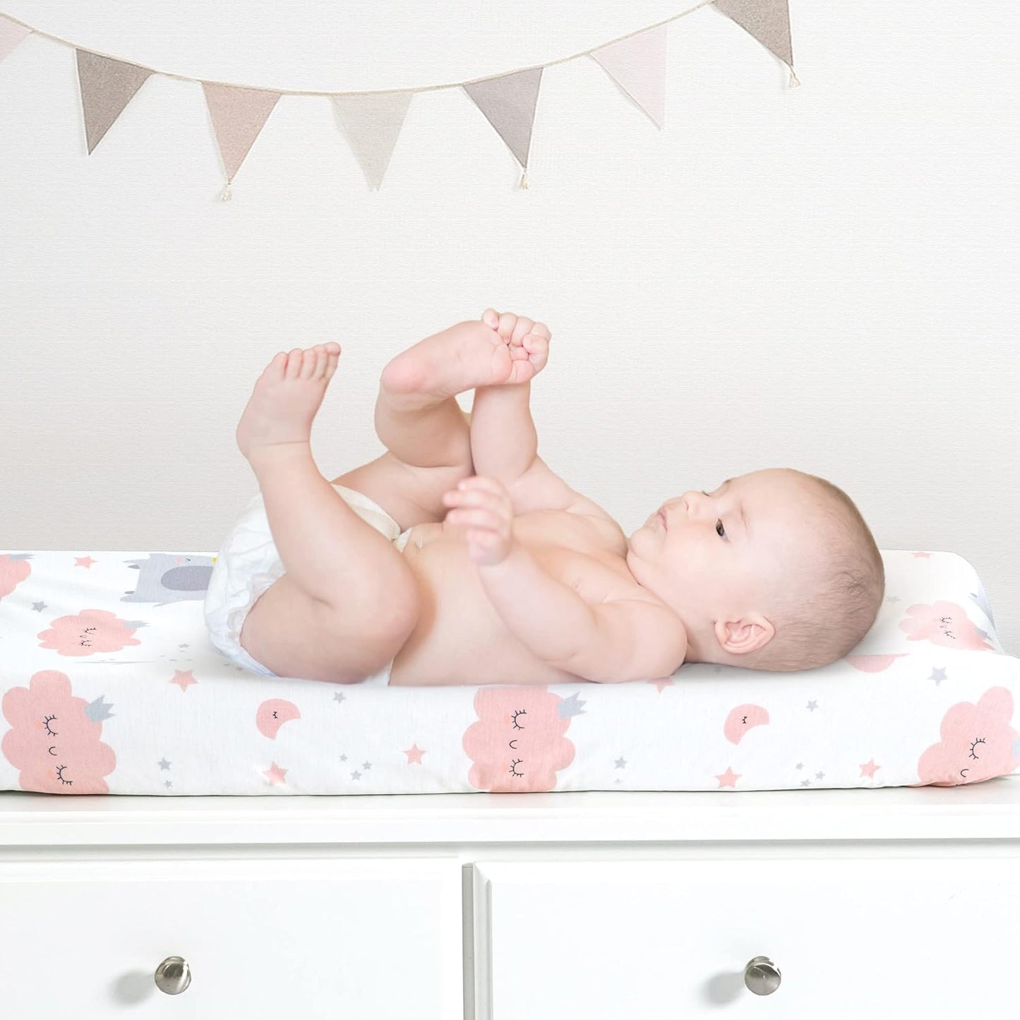 TILLYOU Changing Pad Cover Set in Soft Jersey Material - Fits 32"/34''x16 Contoured Pad for Babies,Elephant & Cloud, Pink