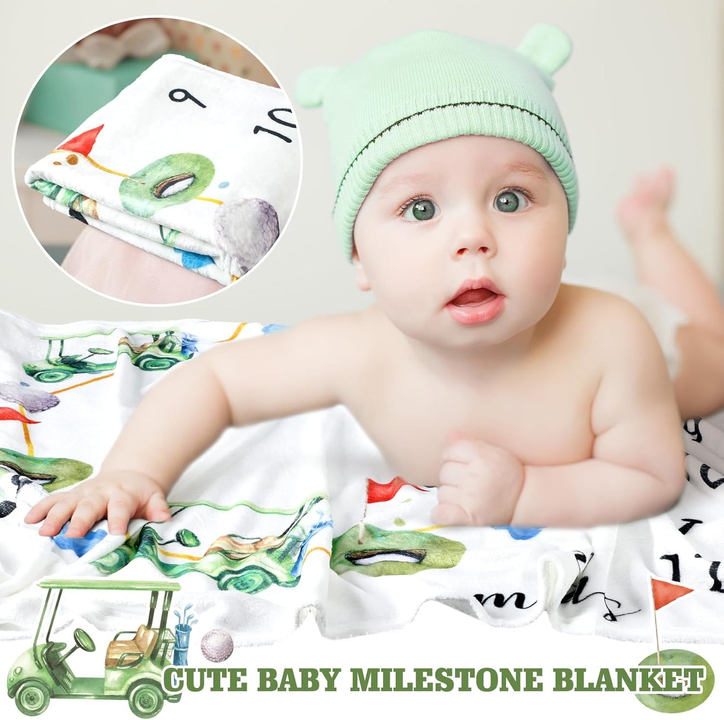 Golf Print Baby Monthly Milestone Blanket Newborn Baby Boy Green Gender Neutral Newborn and Nursery Essentials Personalized Ideas for Nursery Decor (Green, Golf)