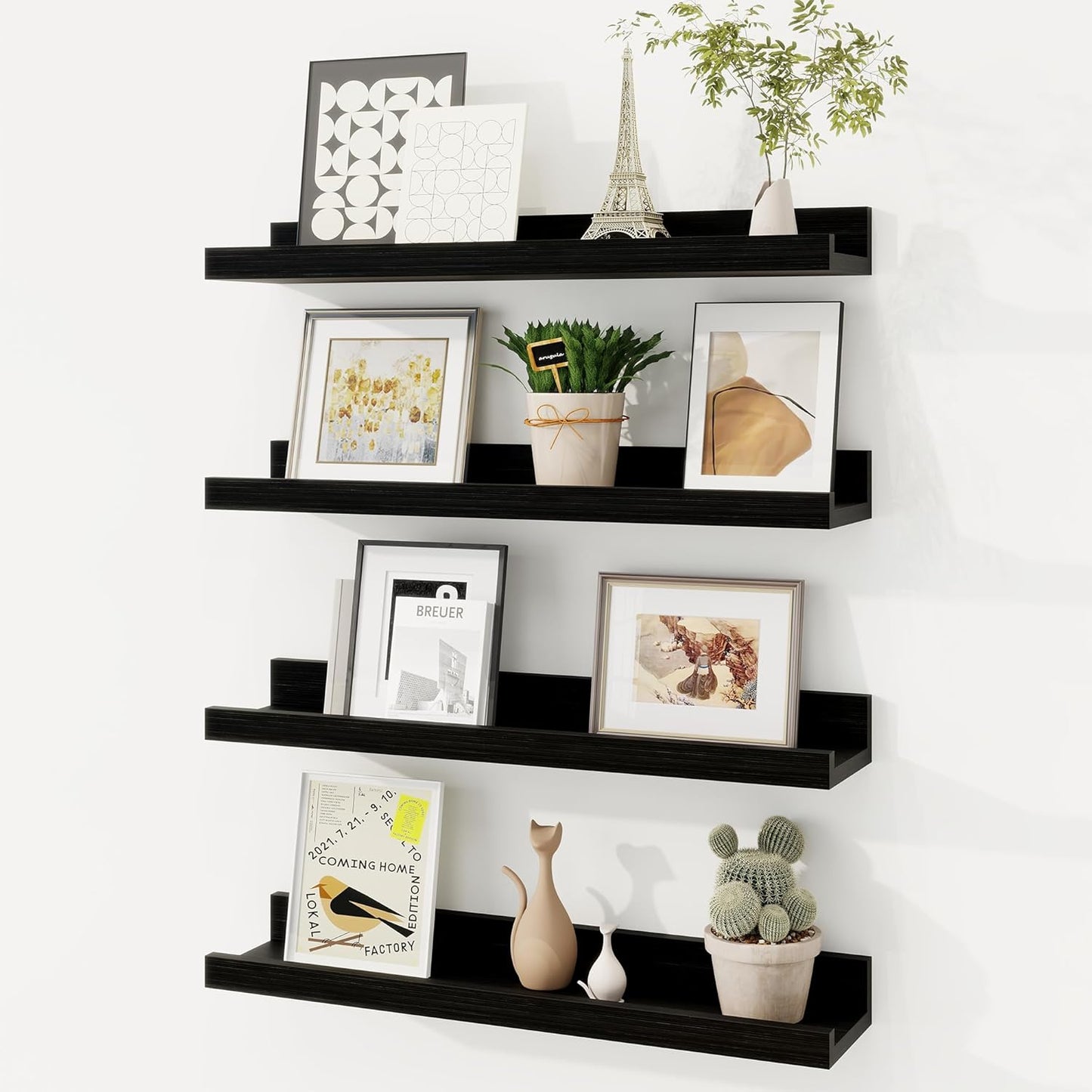Picture Ledge Shelf, Solid Pine Wood Floating Shelves Set of 4, 16 Inches Nursery Book Shelves for Toys Storage, Kids Bookshelf Wall Mounted for Living Room Decor Photo Frames, Black