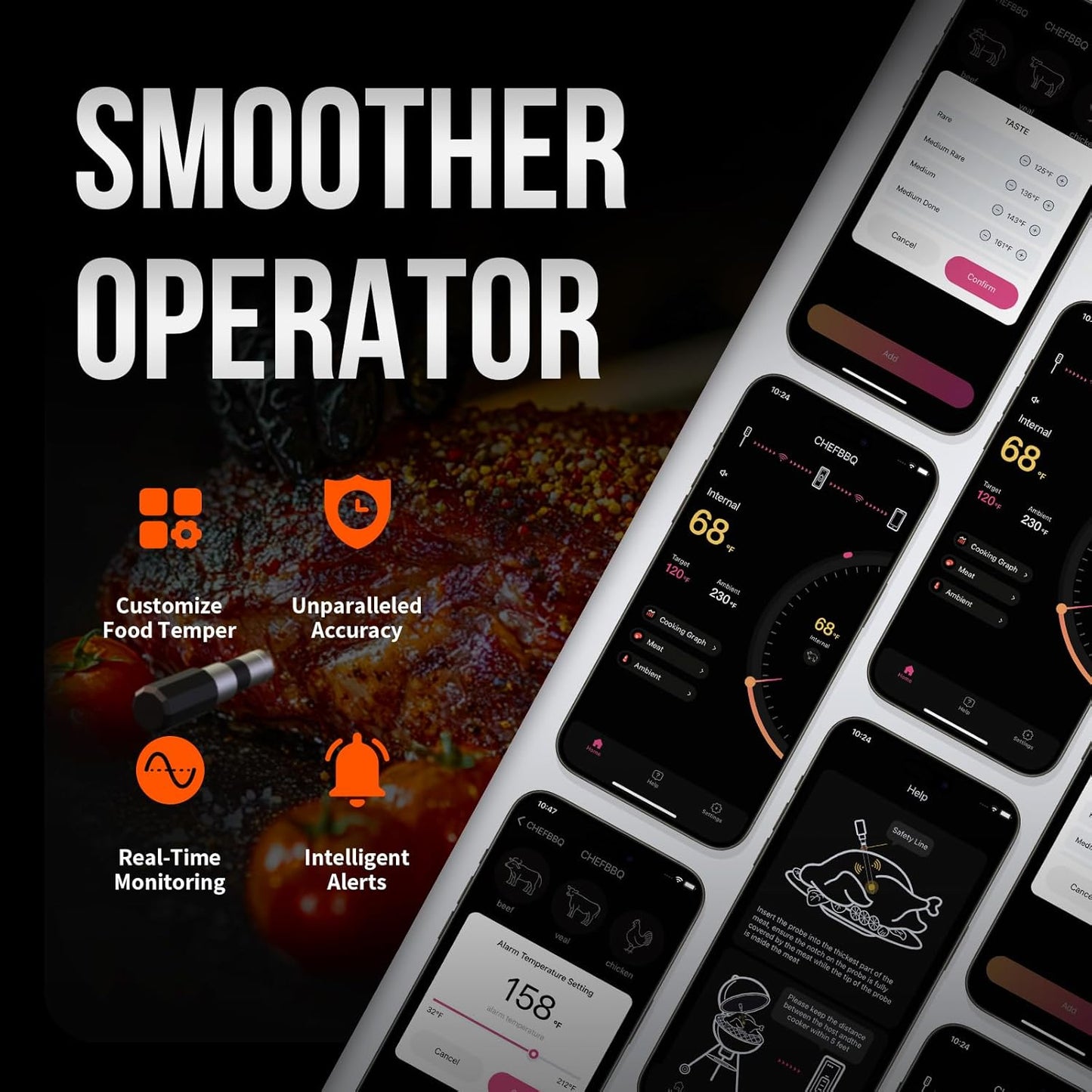 Meat Thermometer Digital Wireless, 800FT Long Range Bluetooth Cooking Thermometer, Food Thermometer for Remote Monitoring of Grill, Oven, Smoker, Air Fryer, Rotisserie, iOS & Android App