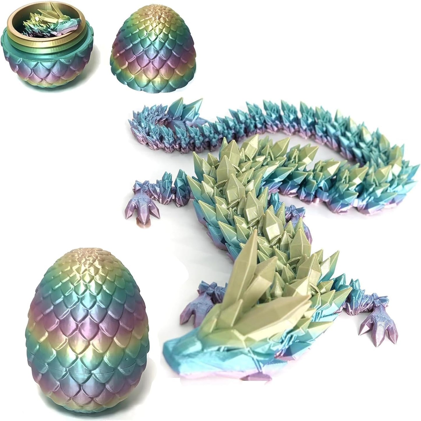 3D Printed Dragon Fidget Toys Dragon Egg 12inch Flexible Dragon Toy 3D Printed Dragon Egg with Articulated Dragon Inside Fidget Toys for Autism/ADHD Easter Toys Gifts(RainbowMulti)