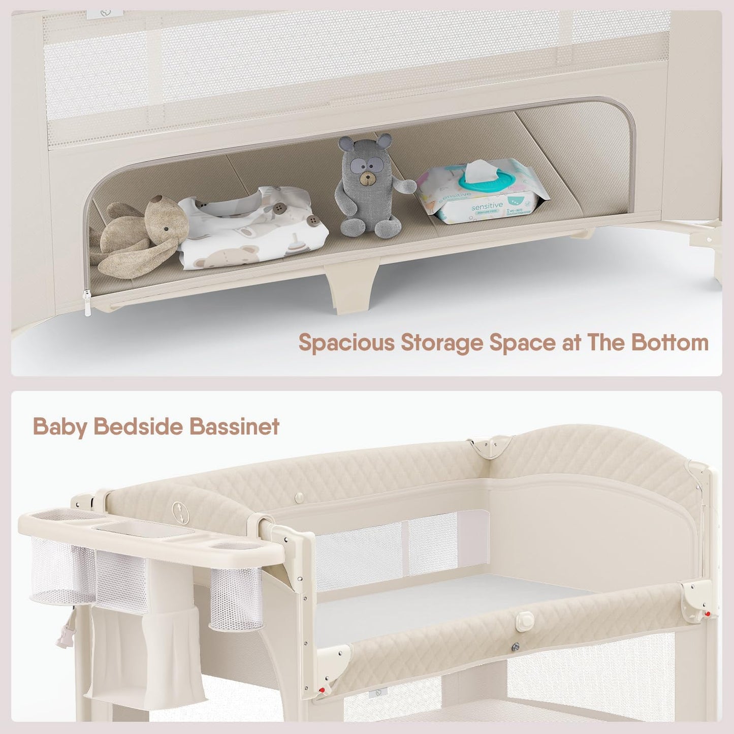 4 in 1 Baby Bassinet, Pack and Play, Bedside Crib Sleeper, Diaper Changer - Comes with Mattress, Mosquito Net，Bottom Storage and Toy Bar for Newborn to Toddles