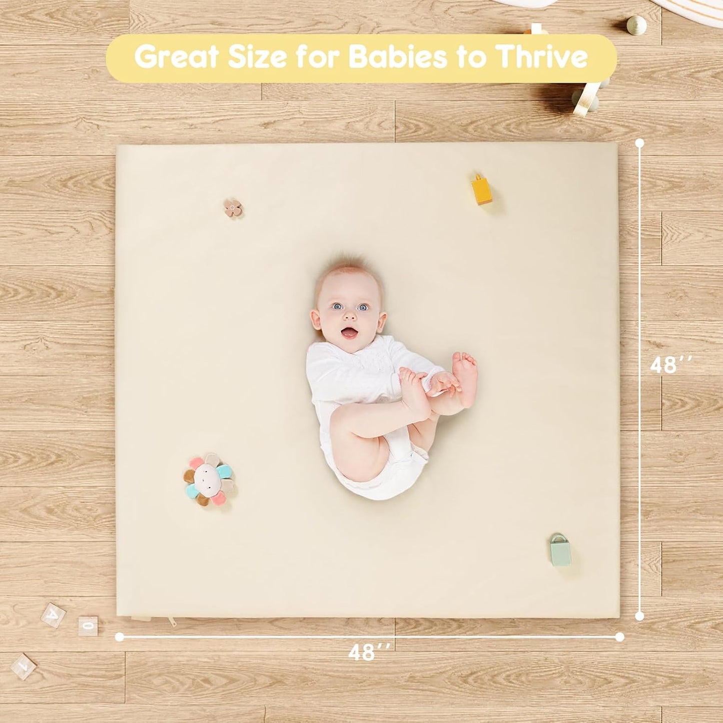 Padded Baby Play Mat, Super Soft Vegan Leather Floor Mat for Baby Girls and Boys, 48x48 Non-Slip Thick Foam Cushioned Play Mat for Babies 6-12 Months, Fits Nicely Into 50x50 Playpen Mat, Beige