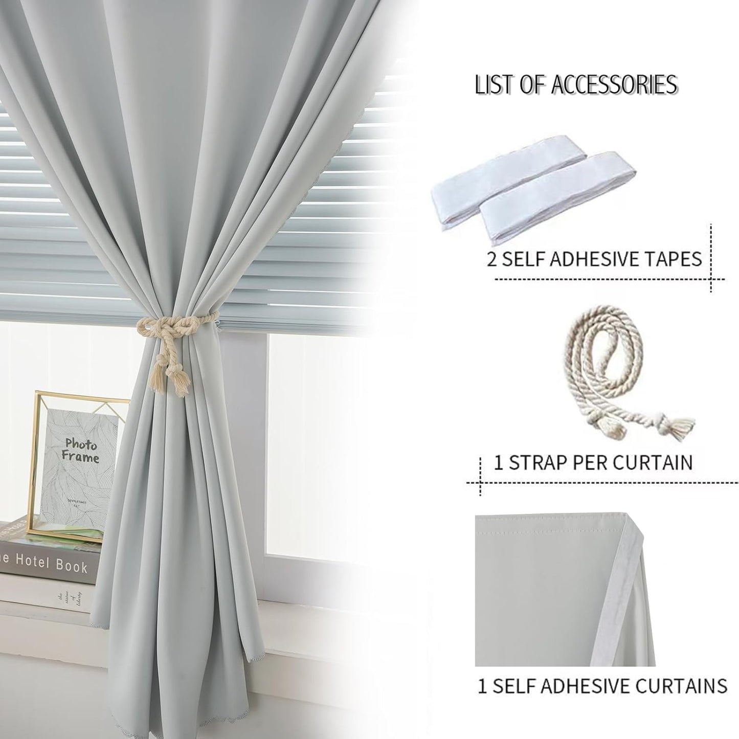 self Adhesive Curtains Portable Blackout Curtain Simple and Easy to Install Bedroom Window Thermal Lnsulated Kitchen Room Darkening Black Small Drapes, 59" W X 59" L, White, 1 Panel