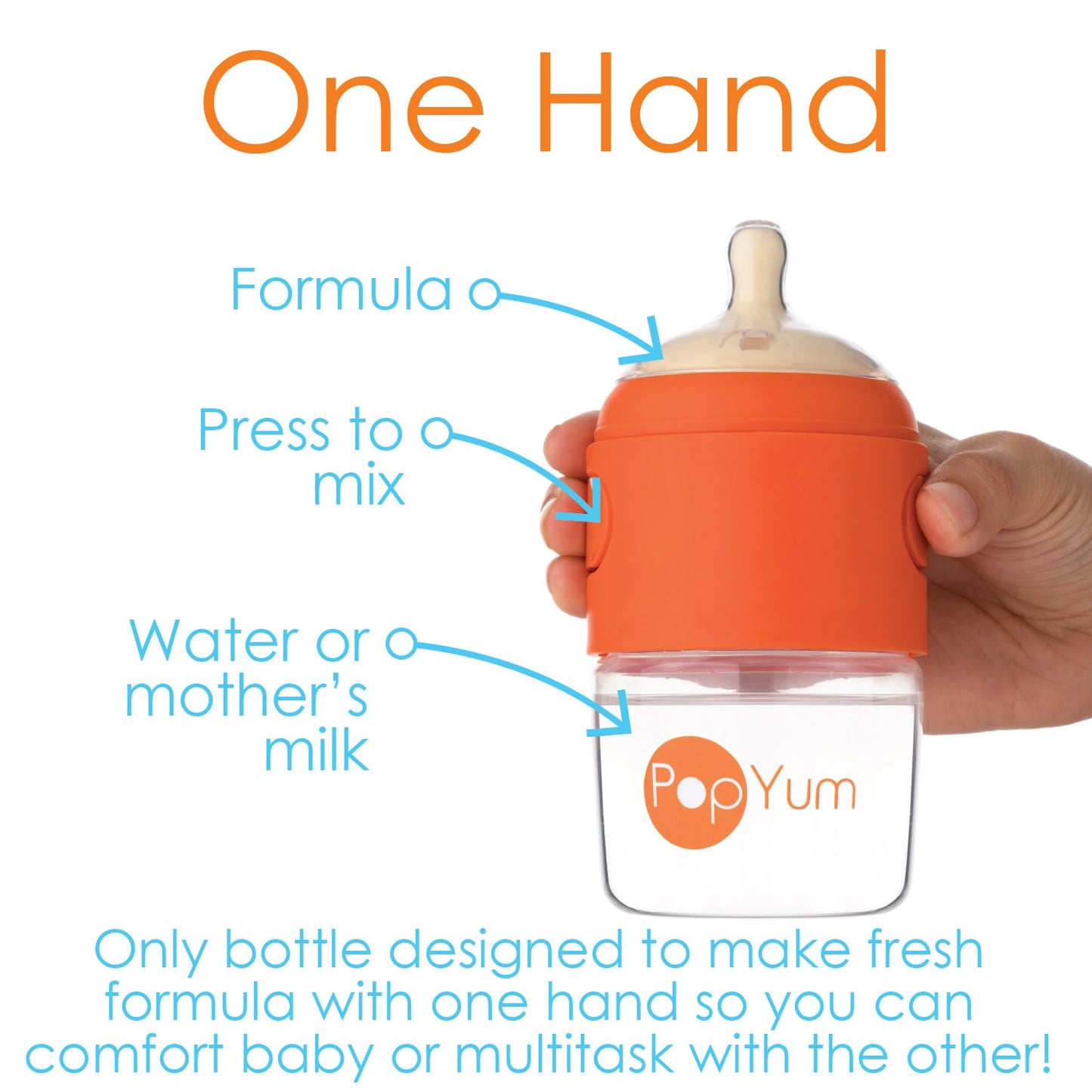 PopYum 5 oz Orange Anti-Colic Formula Making/Mixing/Dispenser Baby Bottles, 2-Pack with #1 Slow Flow Nipples, 150 ml, BPA-Free, Natural Latch