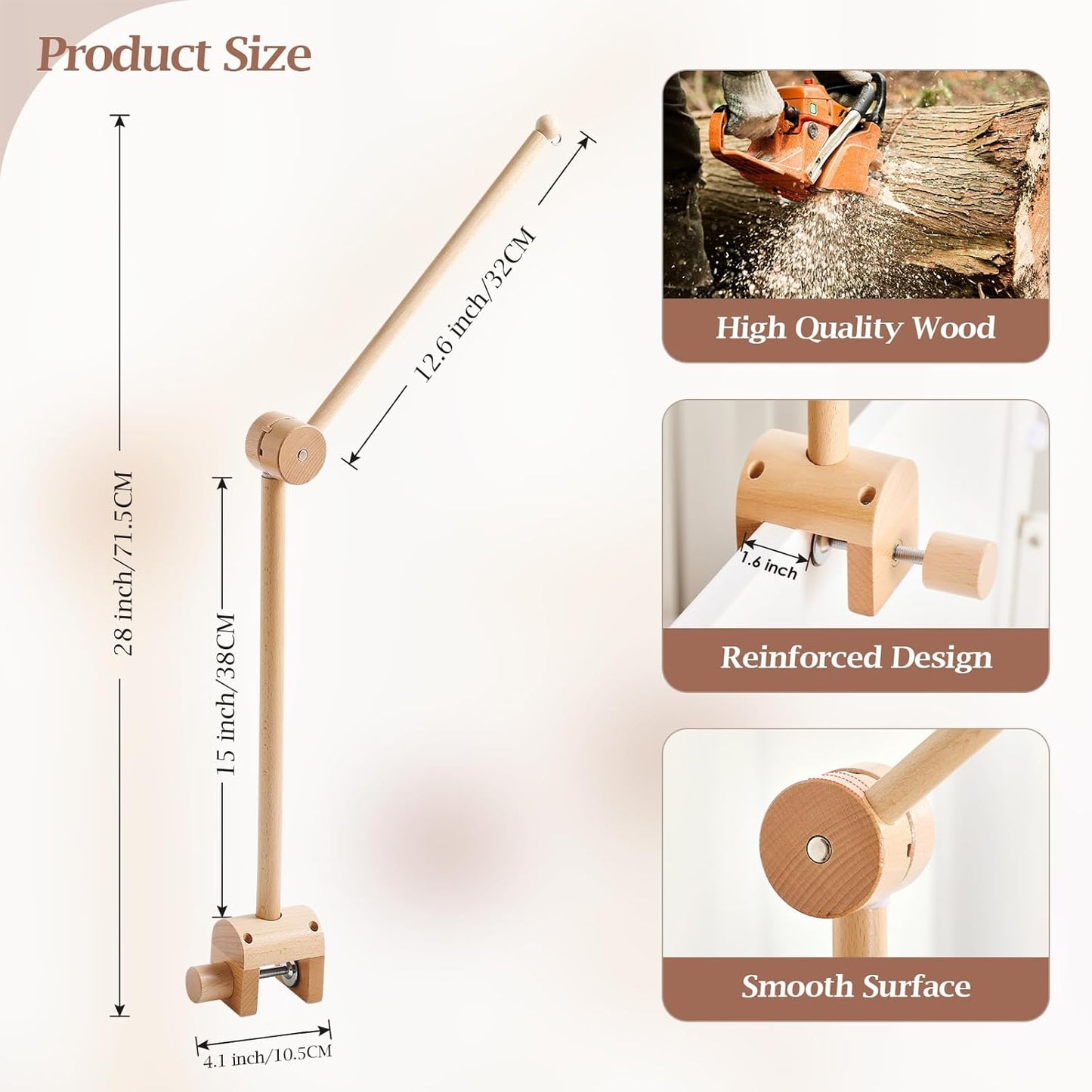 Baby Crib Mobile Arm - Wooden Mobile Arm with Height Adjustable＆360° Rotatable Upgraded Arched Base Nursery Mobile Holder for Crib Mobile Hanger Baby Crib Attachment Nursery Decor