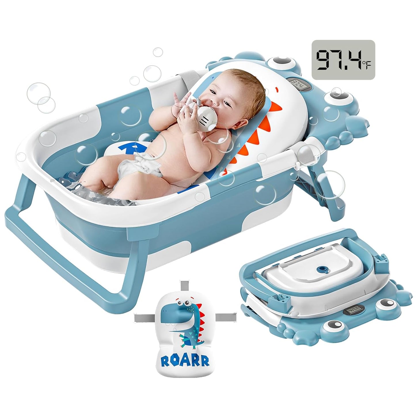 Collapsible Baby Bathtub for Newborns to Toddler with Real-time Temp Monitor & Floating Cushion,Portable Travel Tub for 0-36 Month, Foldable Baby Bath Tub for Infants Boy (Light Blue)