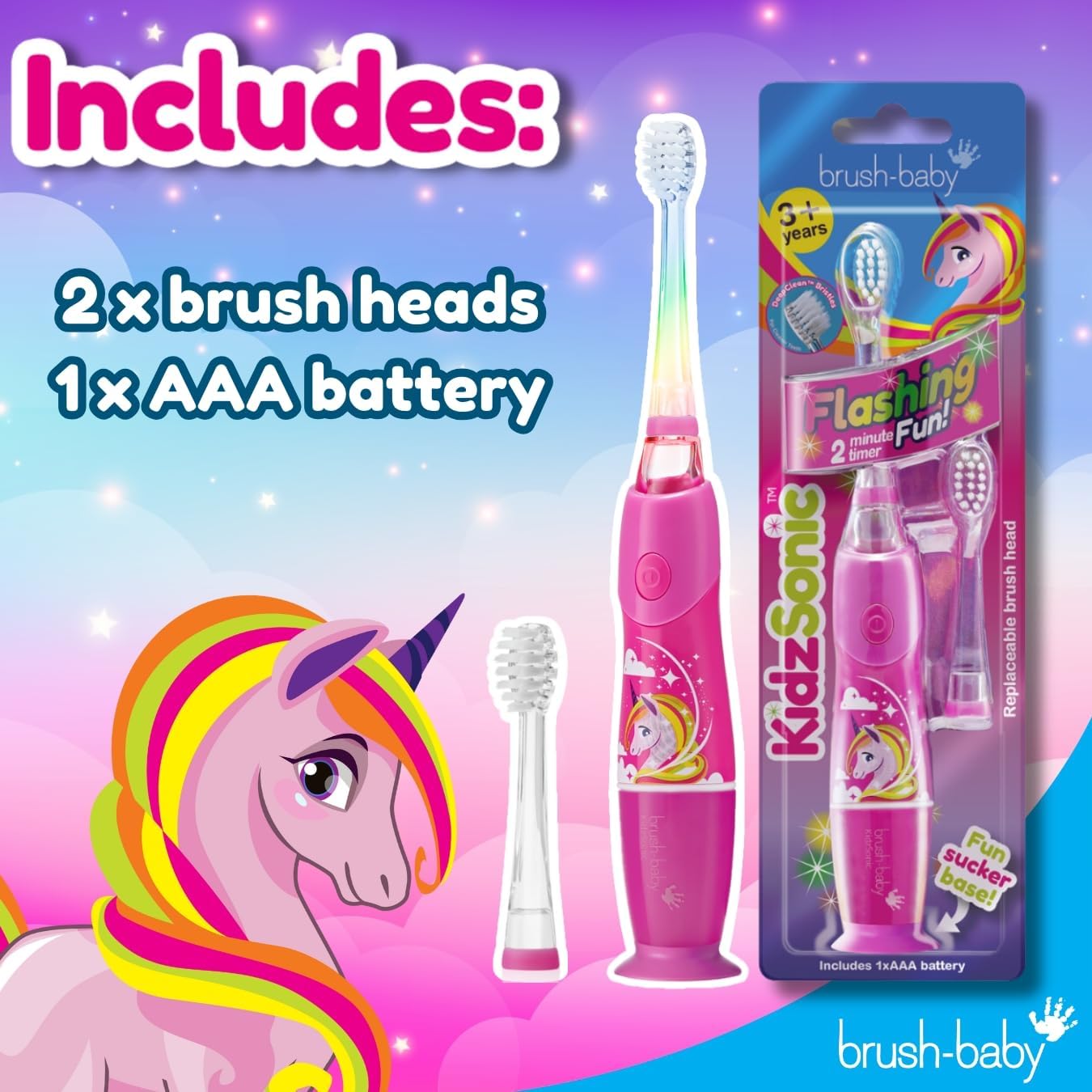 Brush-Baby - KidzSonic Unicorn Kids Electric Toothbrush, Ages 3+ Years - DeepClean Bristles, Suction Base - Fun Design with Flashing Lights - 2 x Replacement Heads & 1 x AAA Battery