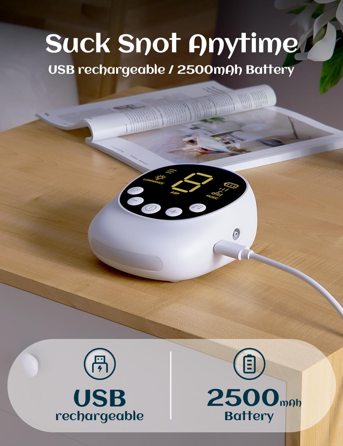 Nasal Aspirator for Baby, Hospital Grade, Electric Nose Sucker with Adjustable 9 Levels Suction, Rechargeable with Night Light and Nursery Rhyme, White