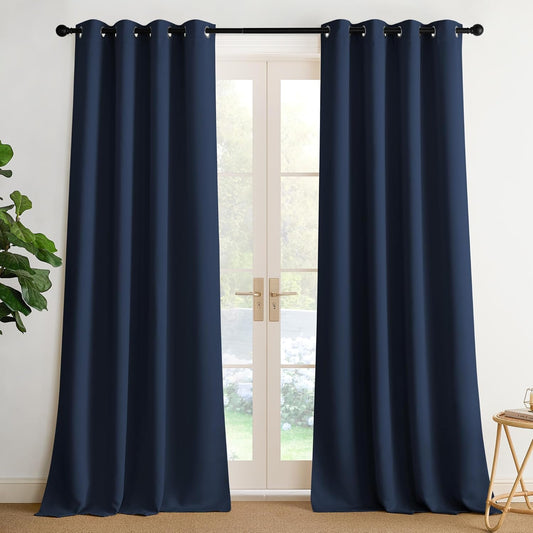 NICETOWN Blackout Curtains Panels for Bedroom, 2 Panels, 52 x 96 Inch, Navy, 3 Pass Microfiber Noise Reducing Thermal Insulated Solid Ring Top Blackout Window Drapes