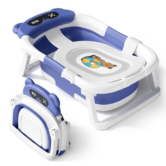 AVIDOR Baby Bathtub,Collapsible Bathtub for Newborn to Toddler,Durable Essential Infant Bath Tub,Portable Travel Baby Bathtub with Soft Cushion,No-Slip Hanging and Detachable Bathtub(Navy Blue)