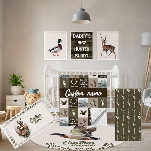 Personalized Crib Bedding Set, 5 Pcs Custom Name Nursery Bedding Set with Double Layer Blanket, Green Woodland Deer Baby Crib Set for Boys Girls, Customized Gifts for Toddlers Infants Babies