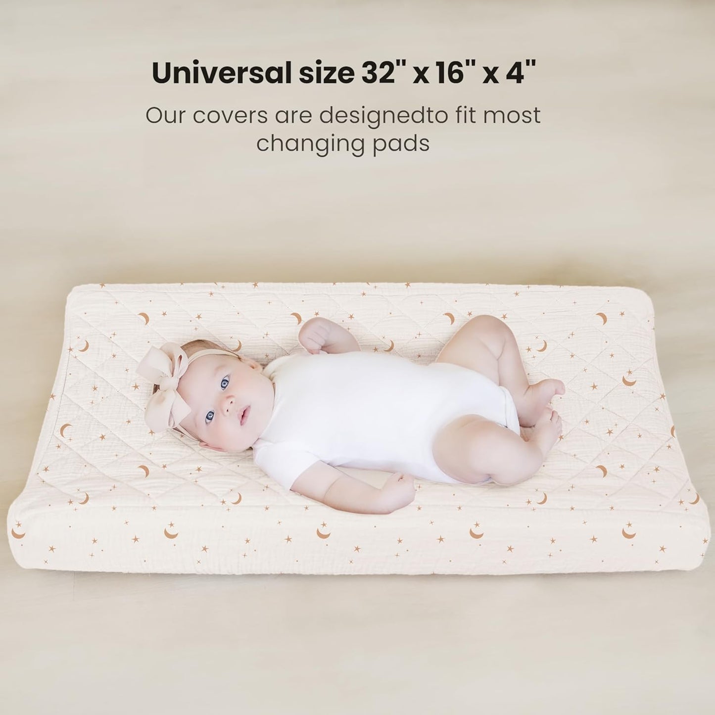 Konssy Waterproof Muslin Changing Pad Cover 2 Pack, Quilted Cotton Fitted Diaper Changing Table Cover, Soft Changing Pad Sheets for Girls Boys (Coffee Check,Moon)