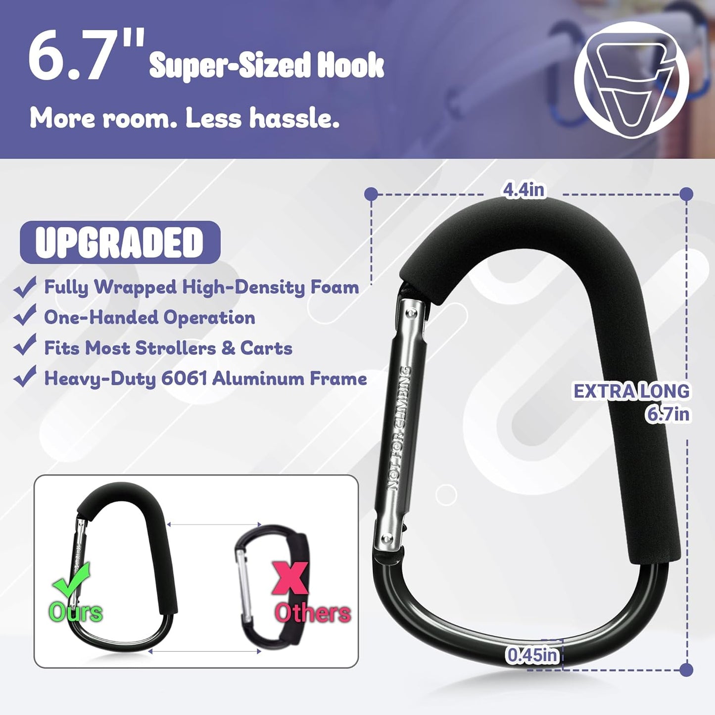 sprookber 6.7 Inch Large Stroller Hooks for Diaper Bags & Purses, Heavy Duty Mommy Hooks for Shopping, Grocery, Backpack – Baby Stroller Accessories, Set of 2 (Black)