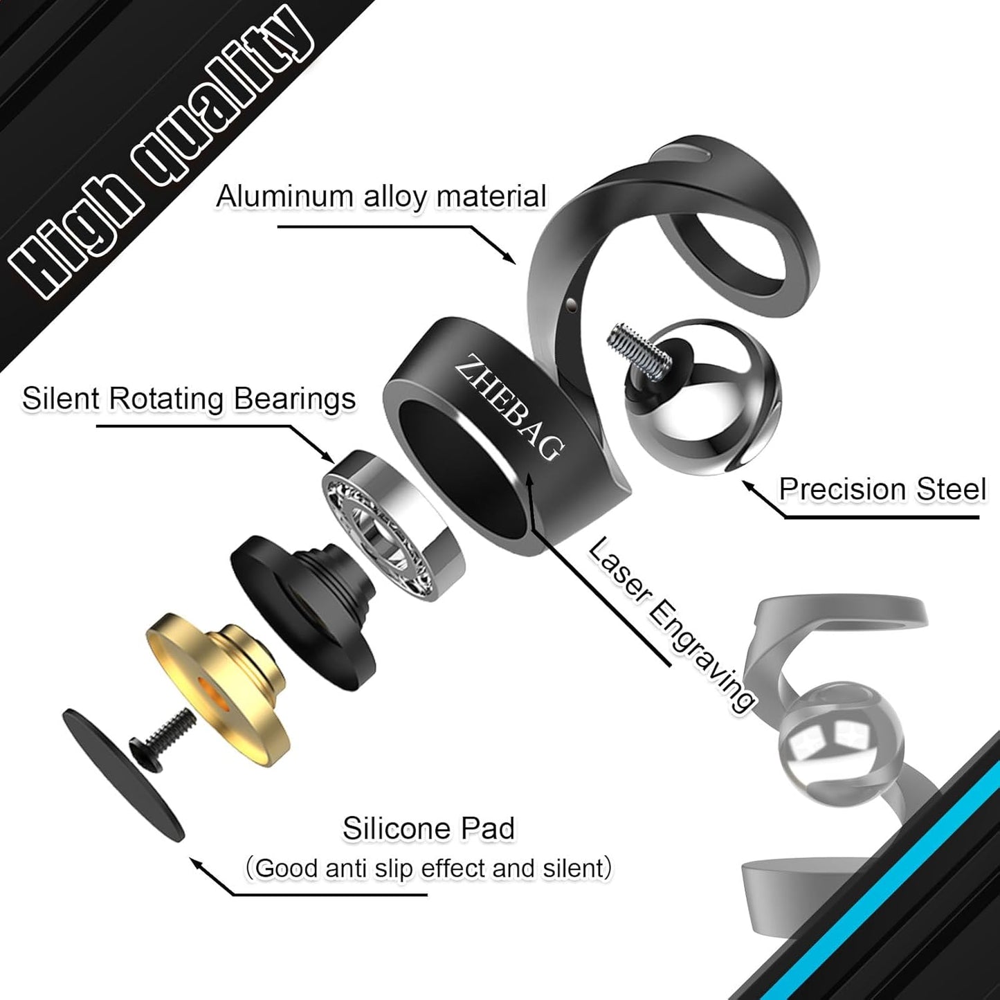 Kinetic Desk Toy, Metal Fidget Toys for Adults, Unique Optical Illusion Stress Reducing Desktop Spinning Toy, Adult Sensory Toys, Decorative Gifts for Offices and Cars(Black- Silver)