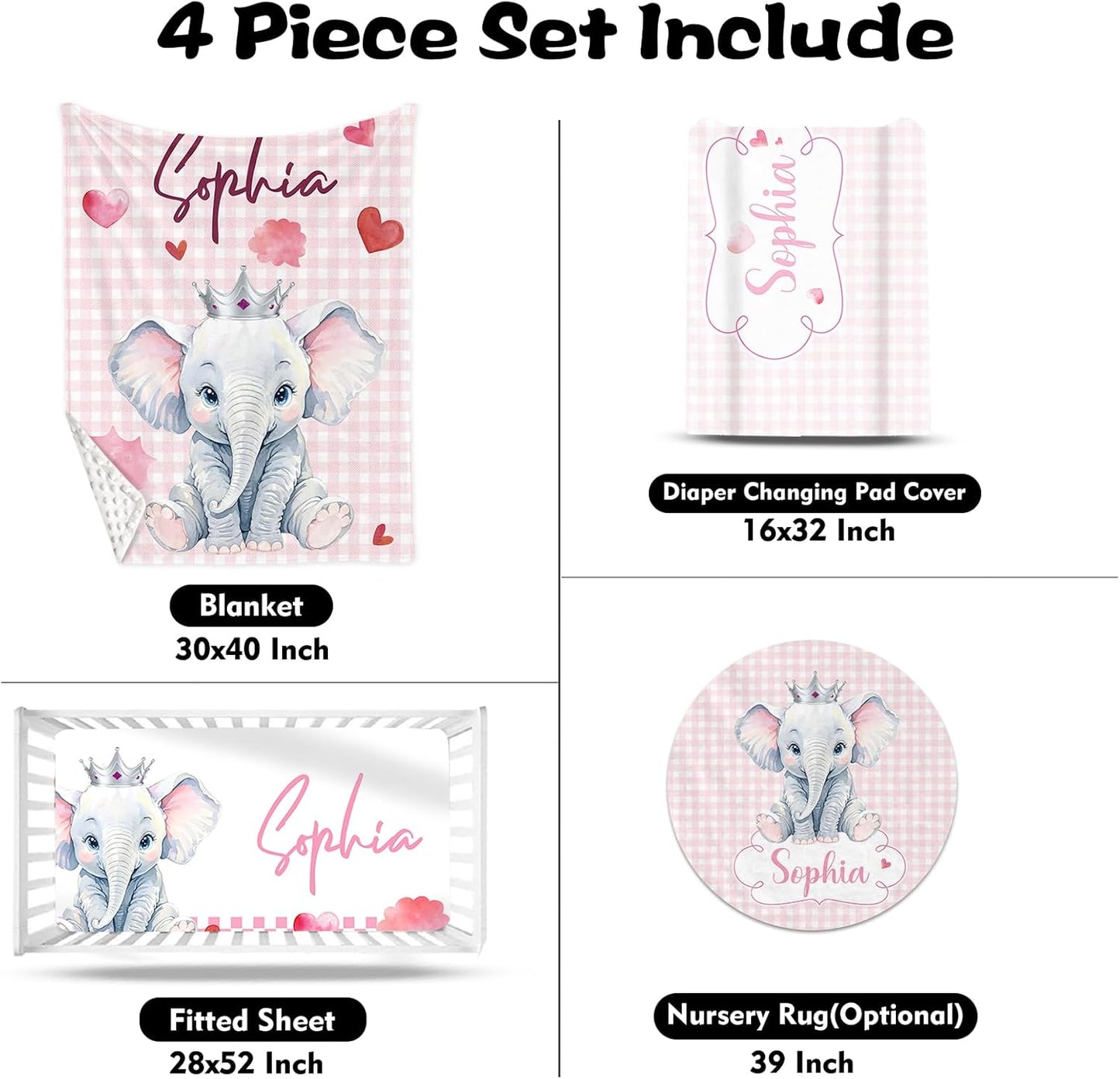 Custom Nursery Crib Bedding Set: Personalized Name 4 Piece Pink Checkered Elephant Pattern Baby Crib Sets for Girls - Toddler Double Layer Blanket Set, Comfortable Crib Bed Sheets for Baby Toddlers