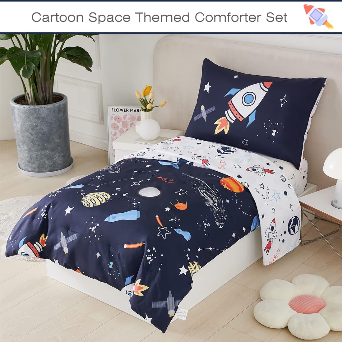 PERFEMET 4 Pcs Toddler Bedding Dark Blue Outer Space Printed Toddler Bed Set with Sheets Reversible Planet Rocket Pattern Bed in a Bag for Toddlers(Dark Blue, Planet/Rocket)