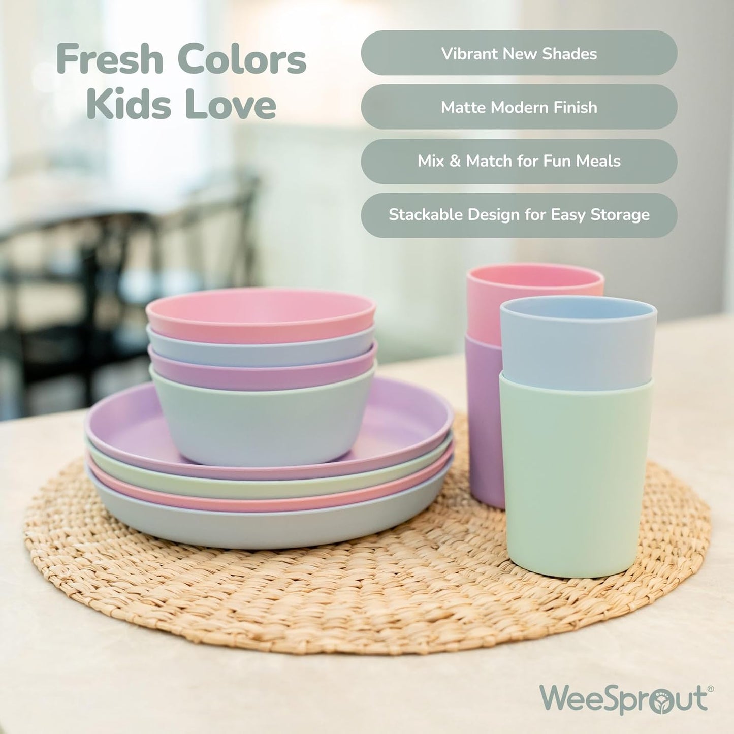 WeeSprout Bamboo Kids Bowls with Lids, Set of Four 10 oz Kid-Sized Dinnerware, Cereal, Leftovers & Snack Bowl, Dishwasher Safe (Blue, Green, Gray, & Beige)
