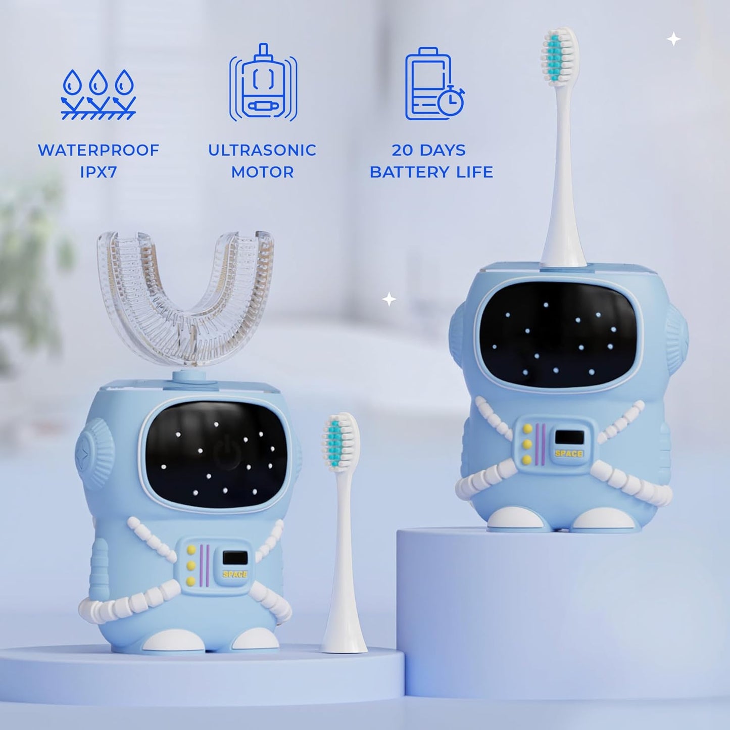 Bendi Kids U-Shaped Electric Toothbrush Ages 2-7 – 360° Mouthguard Design with Memory, 5 Brushing Modes & Multiple Heads Soft Silicone Auto Toothbrush for Toddlers & Children – Travel-Friendly (Blue)