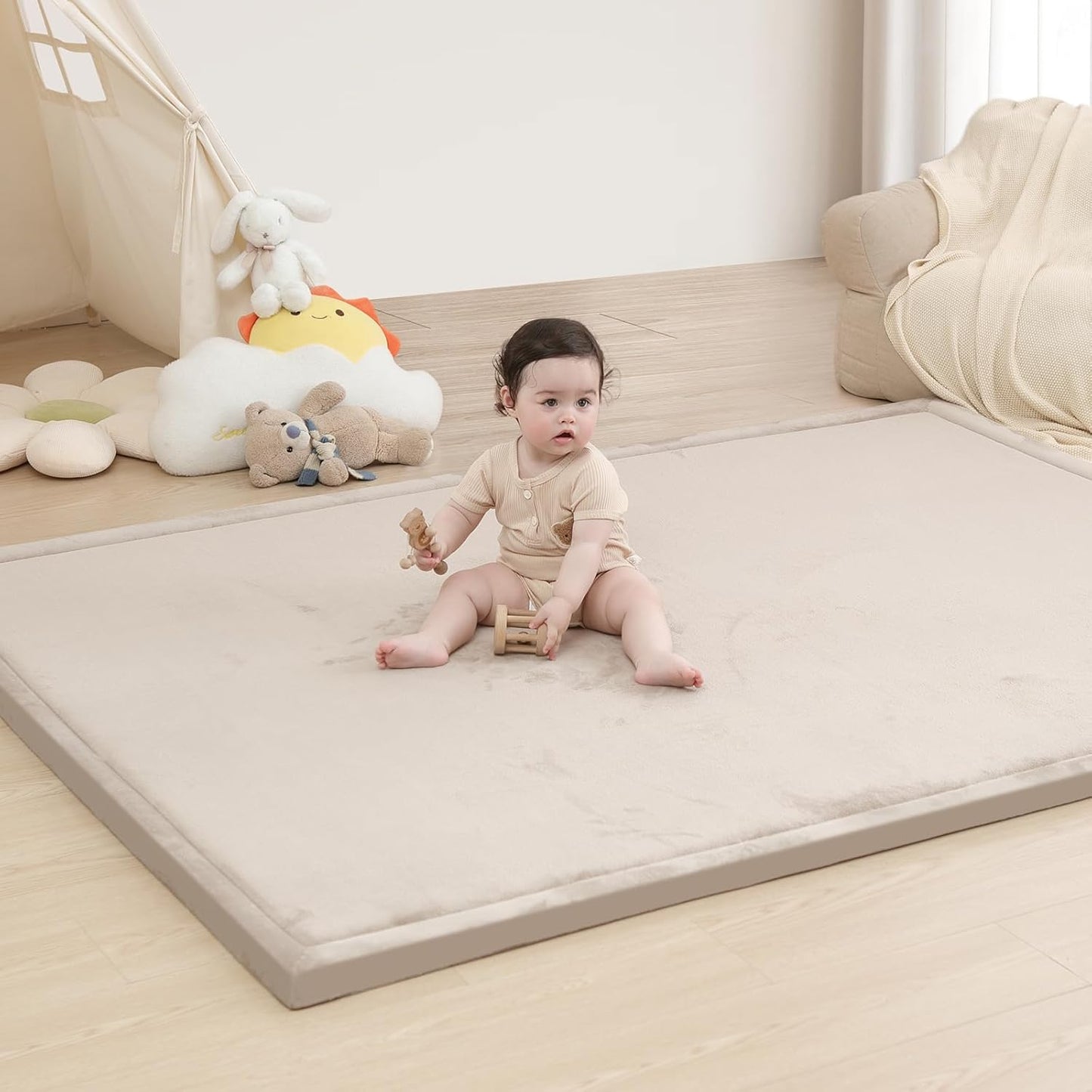 Baby Play Mat for Floor,1.3" Thick Memory Foam Tummy Time Mat,Soft Coral Velvet Nursery Rug,Extra Large Non Slip Crawling Mat for Toddlers,Infants,kids,Yoga Mat,Tatami Mat for Living Room(Beige)