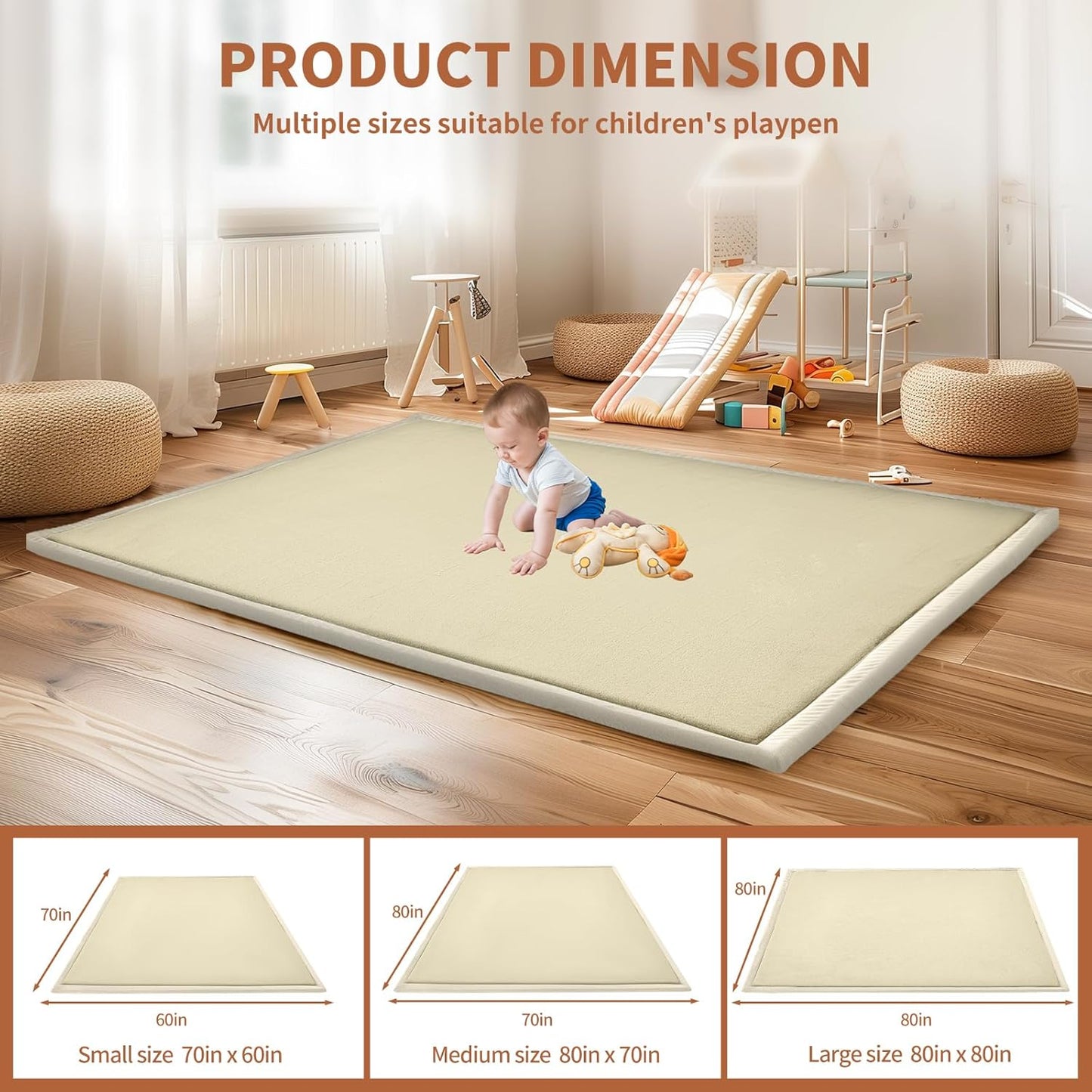 SUNYRISY Baby Play Mat for Floor 60 x 70in, 1.4in Thick Memory Foam Padded Play Mats Baby Rug, Soft Velvet Infants Toddler Kids Crawling Mat for Nursery, Non-Slip Bottom, Beige
