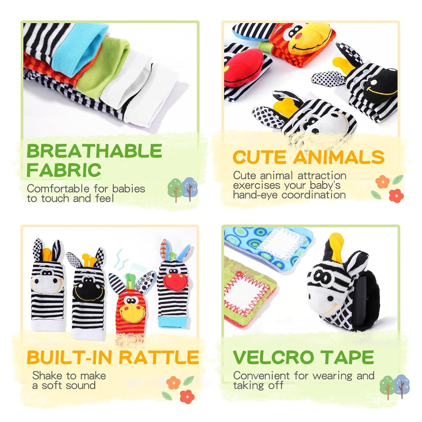 Baby Toys 0-6 Months,High Contrast Baby Toys for Newborn, 8 Pcs, Animal Wrist & Foot Rattles Socks Set, Sensory Rattle Toys for 0-12 Months, Babies Boy Girl Gifts