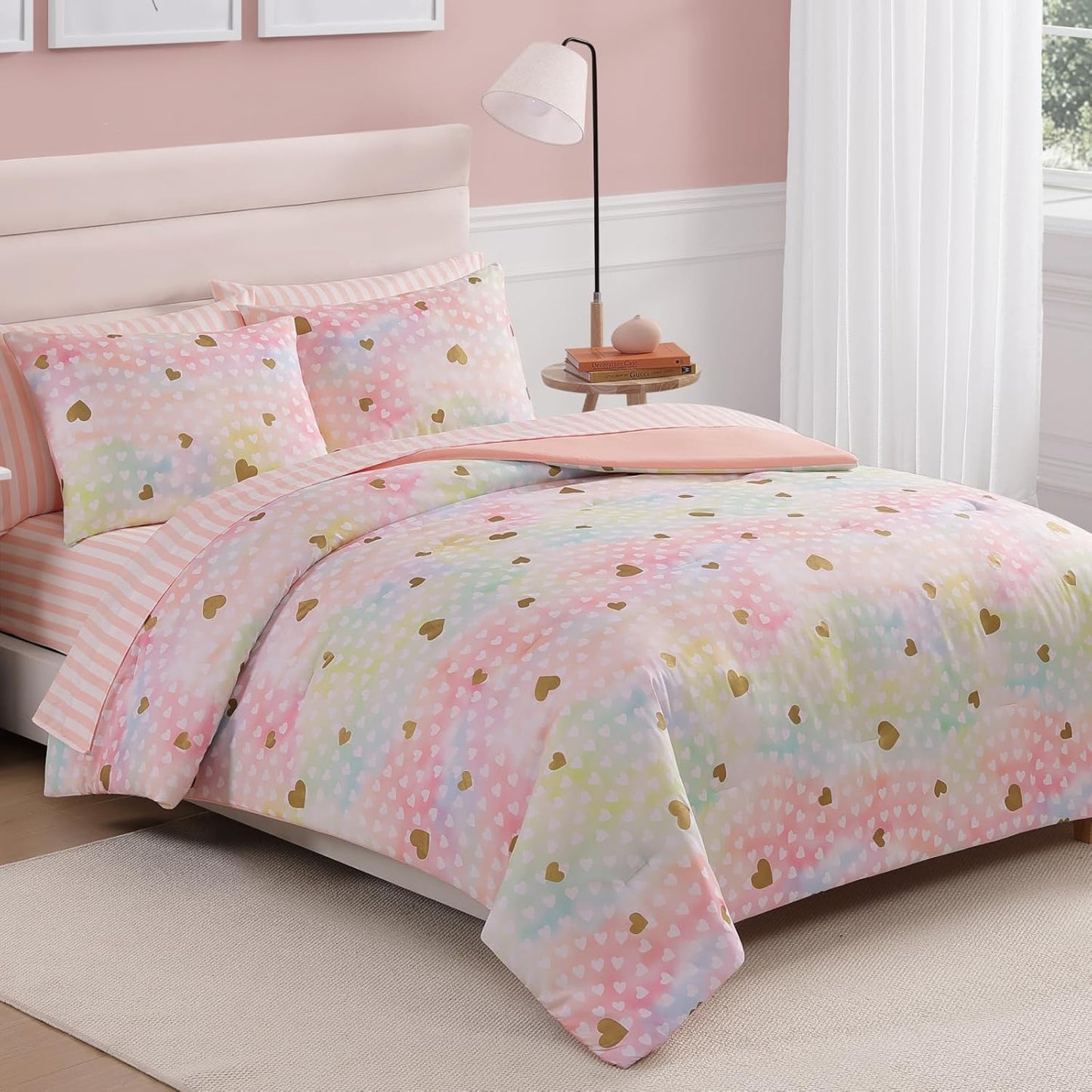 Twin Comforter Set with Sheets for Girls-5 Pieces Twin Bedding Sets with Pink Comforter, Sheets, Pillowcase & Sham for Kids (Gold Unicorn, 66" X 86")