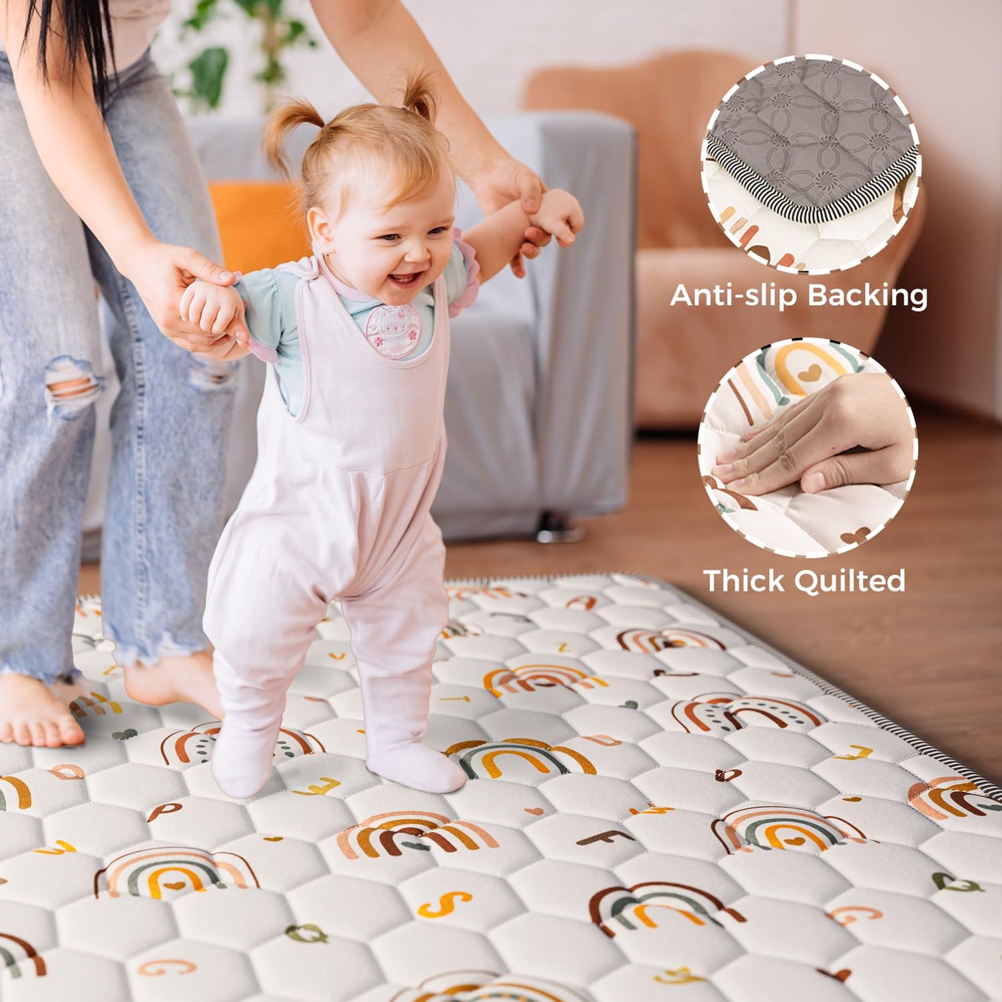 Boho Rainbow Baby Play Mat 50" X 50" Playpen Mat Thicken One-Piece Baby Crawling Mat Non-Slip Cushioned Baby Floor Mat with Lettters, Activity Playmats for Infants, Babies, Toddlers (50X50,Beige)